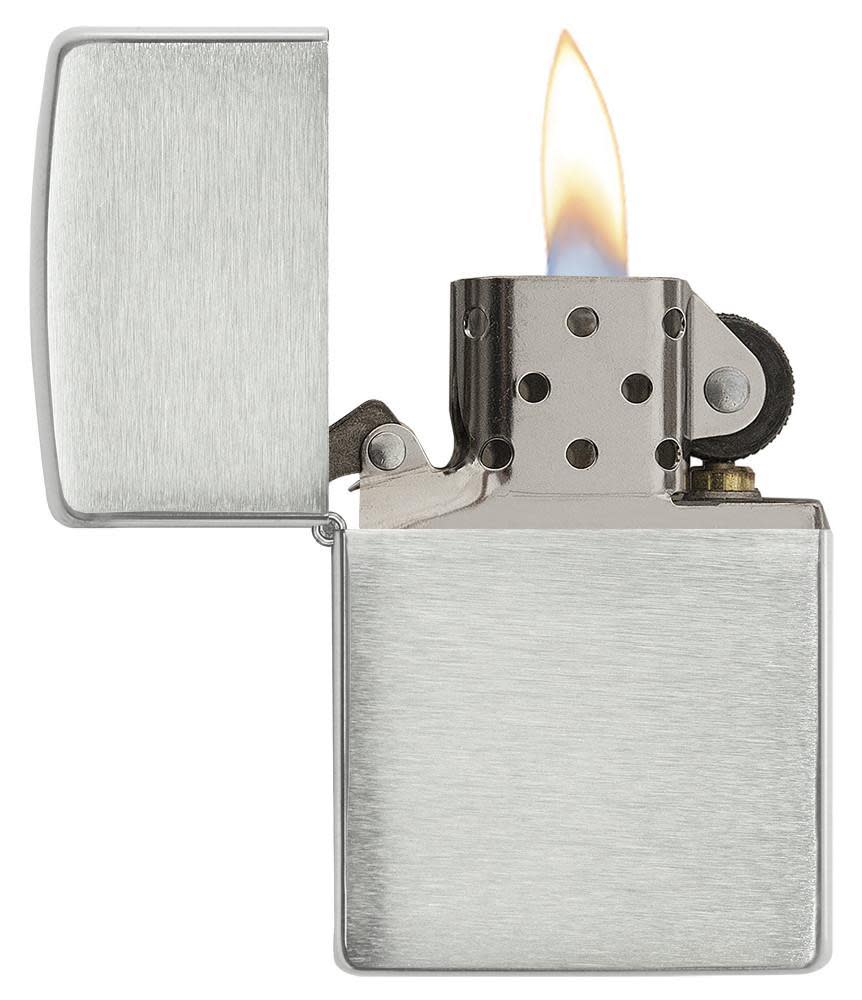 Armor?? Brushed Sterling Silver Windproof Lighter with its lid open and lit