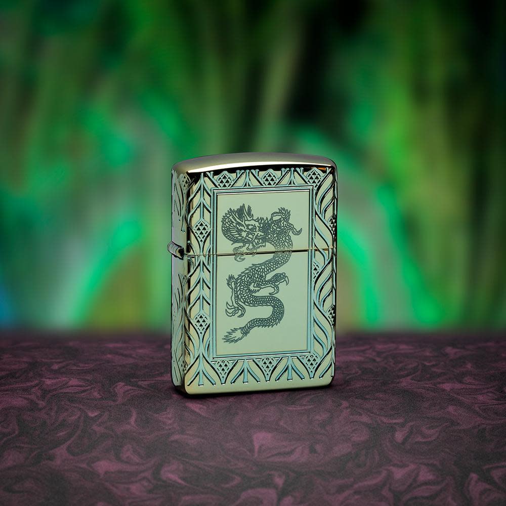 Lifestyle image of Armor?? High Polish Green Elegant Dragon standing on a purple surface with a green background