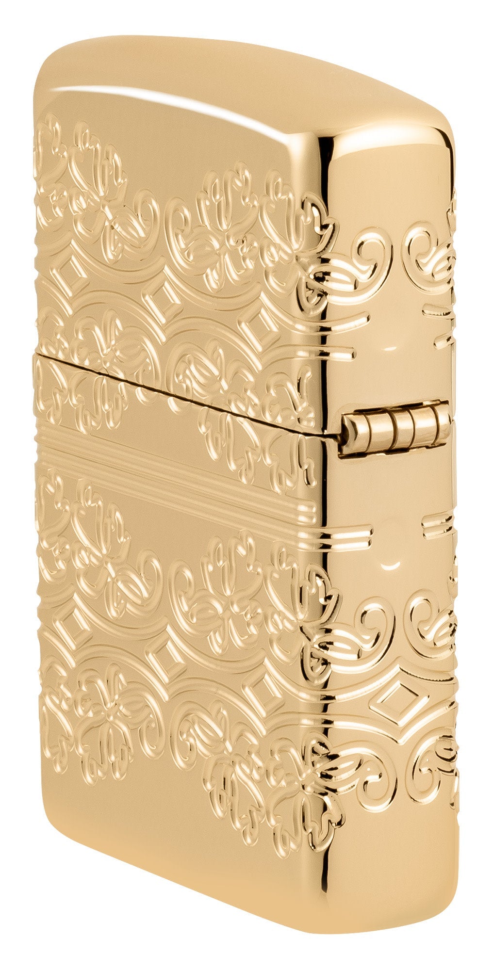Angled shot of Zippo Lucky Clover Design Armor?? High Polish Gold Plate Windproof Lighter showing the back and hinge side of the lighter.