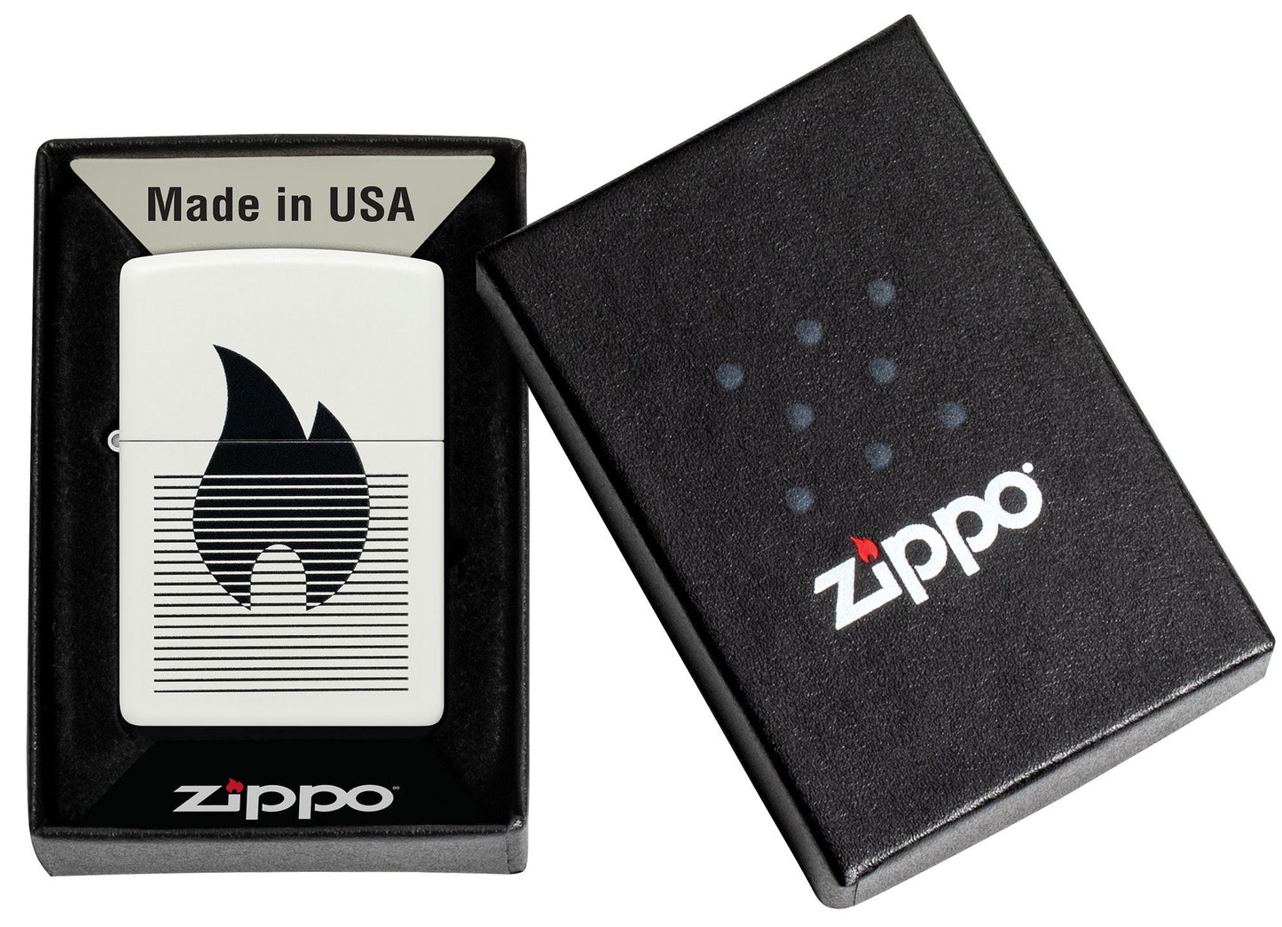 Zippo Flame Gradient Design White Matte Windproof Lighter in its packaging.