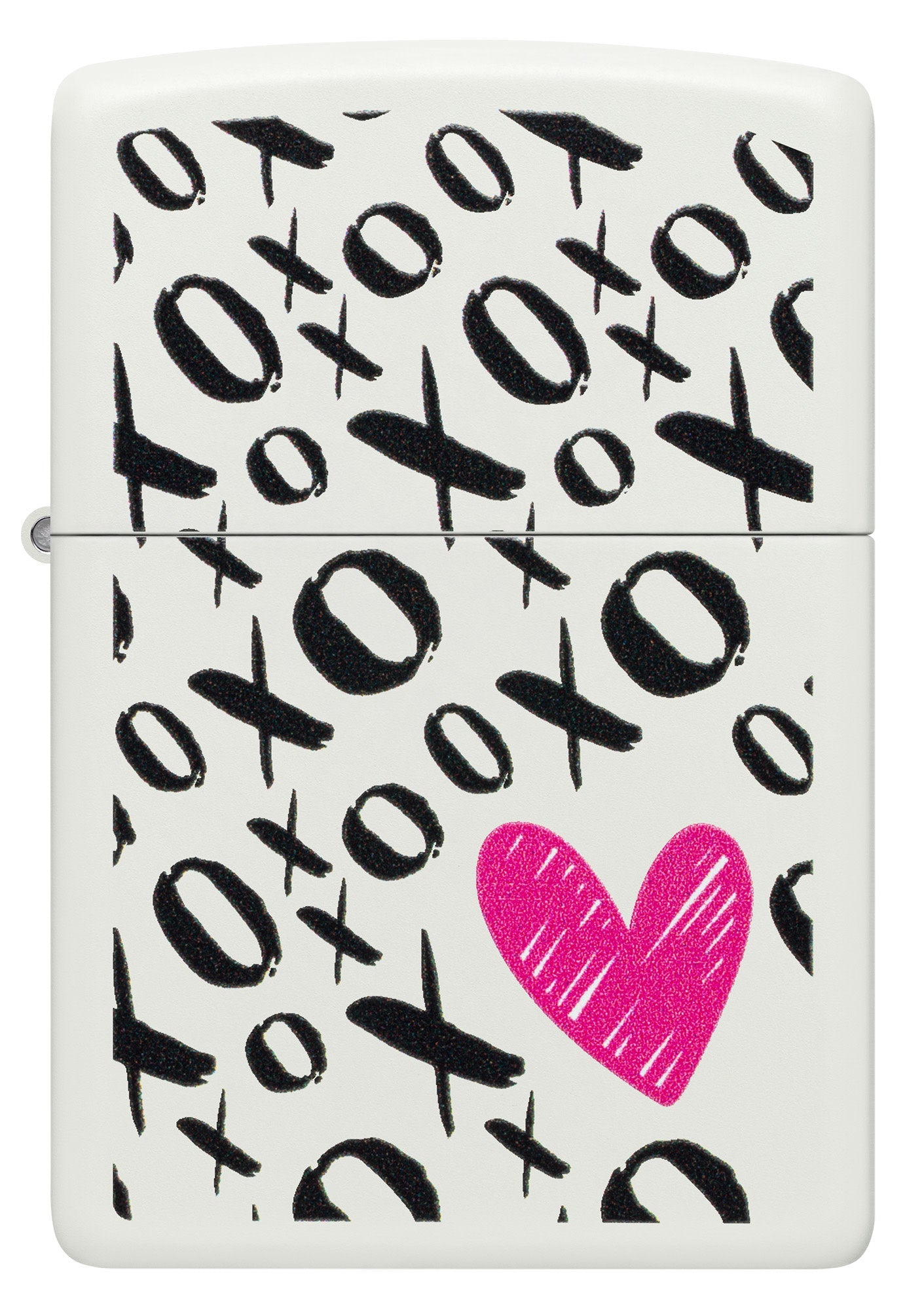 Front view of Zippo Hugs and Kisses Design White Matte Windproof Lighter.