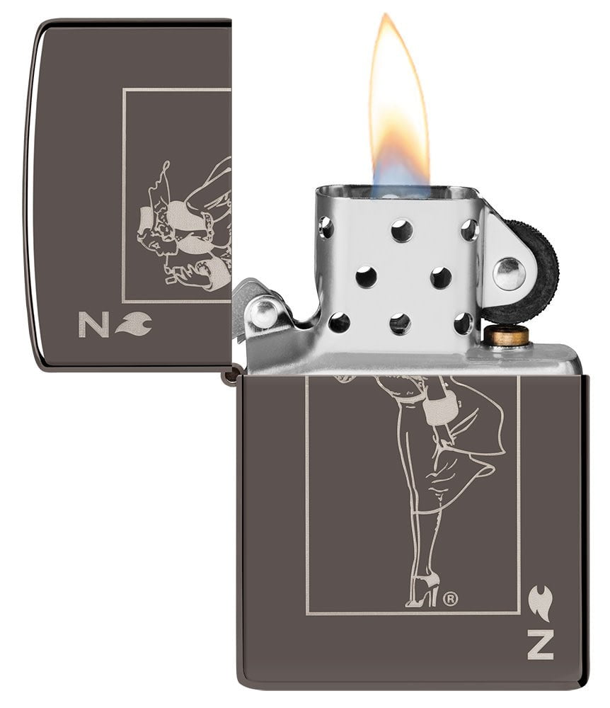Windy Design Card Black Ice?? Windproof Lighter with its lid open and lit.
