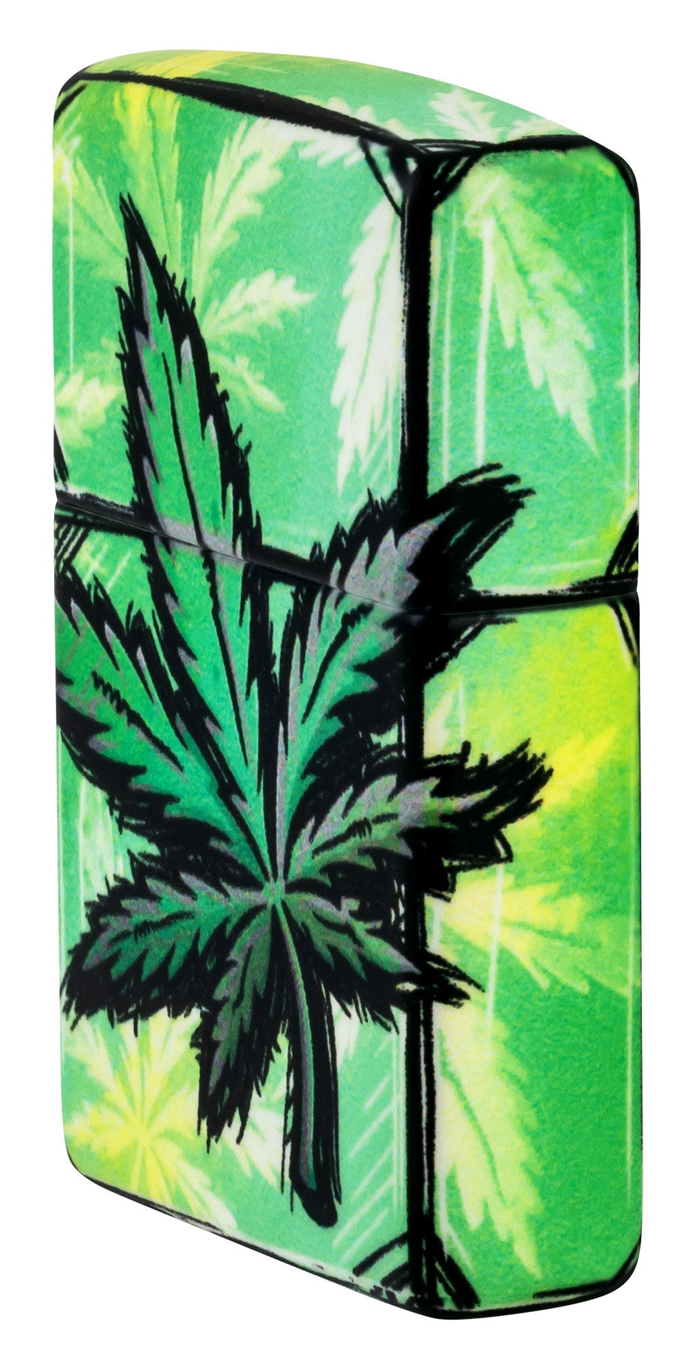 Angled shot of Zippo Glowing Leaves Design 540 Color Glow in the Dark Windproof Lighter showing the front and right side of the lighter.