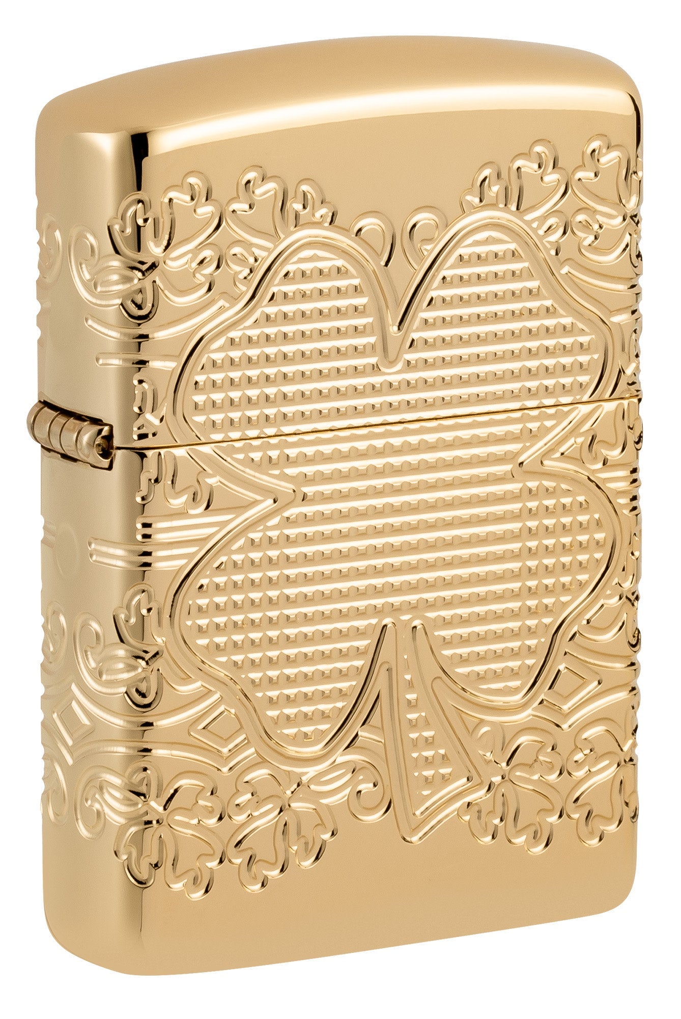 Front shot of Zippo Lucky Clover Design Armor?? High Polish Gold Plate Windproof Lighter standing at a 3/4 angle.
