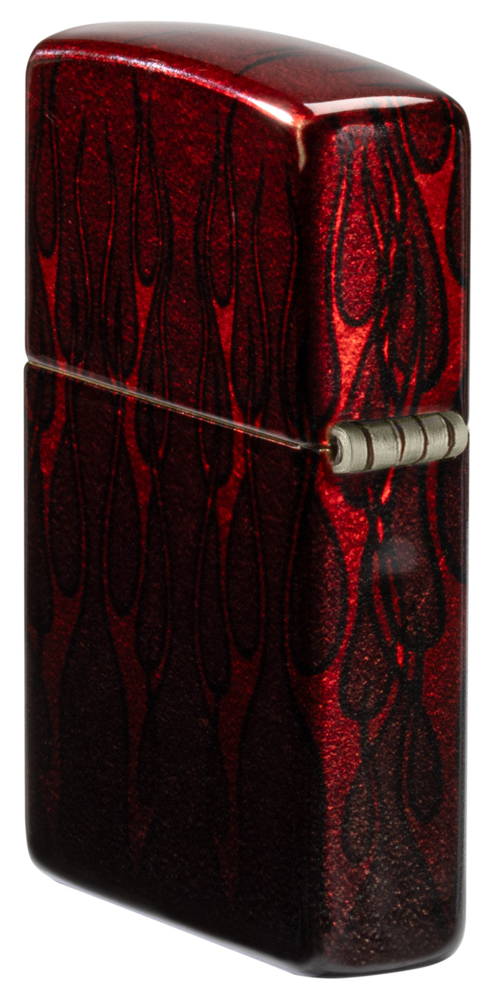 Angled shot of Zippo Harley-Davidson?? 540 Tumbled Brass Windproof Lighter showing the back and hinge side of the lighter.