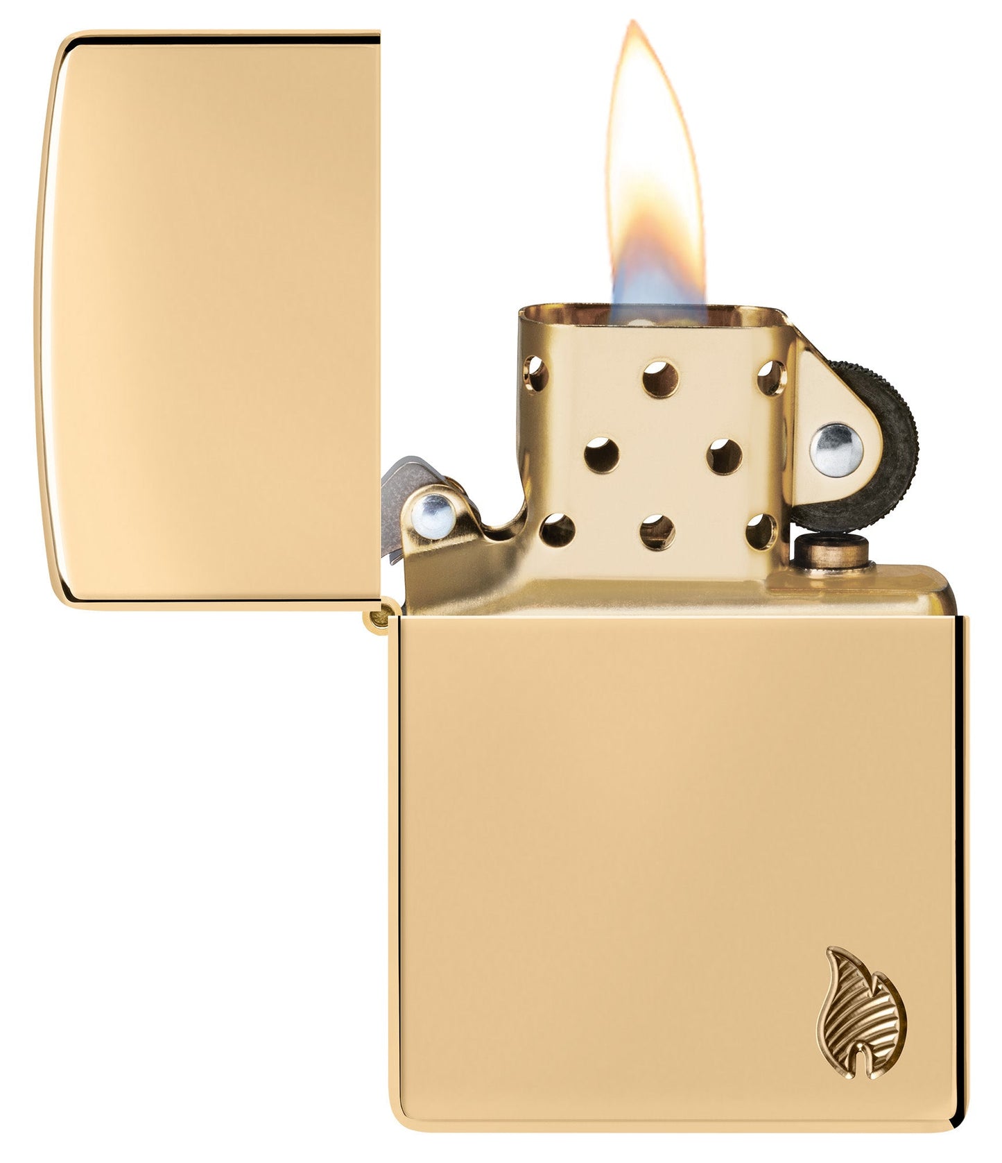 Zippo Armor?? Series Flame High Polish Brass Windproof Lighter with its lid open and lit.