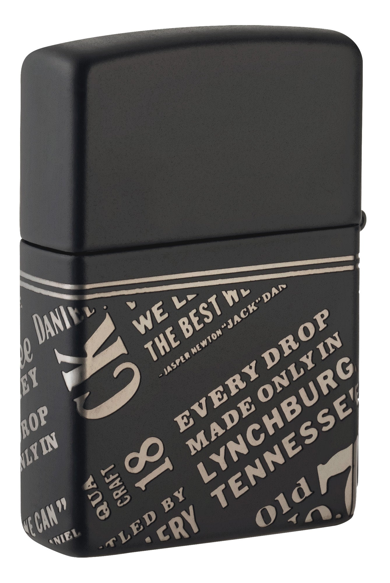 Back shot of Zippo Jack Daniel's?? Every Drop Design Regular Media Chrome Black Matte Windproof Lighter standing at a 3/4 angle.