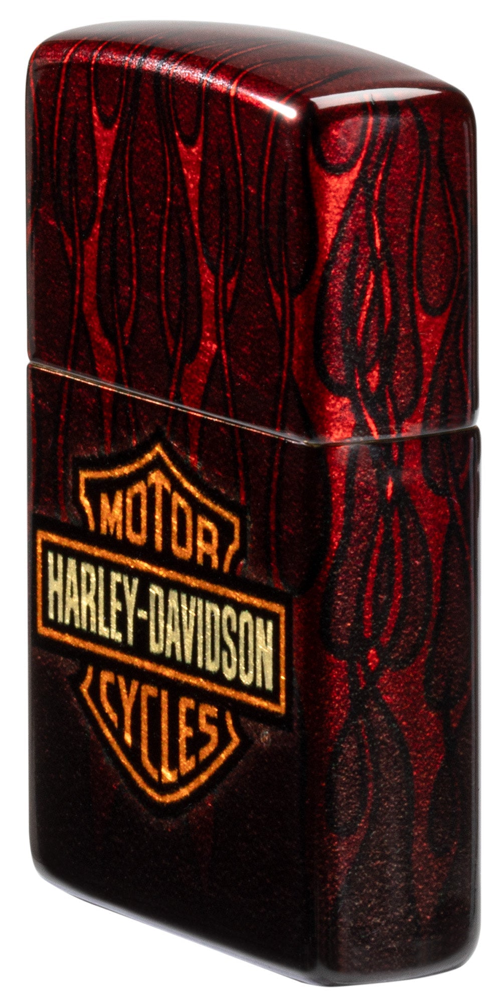 Angled shot of Zippo Harley-Davidson?? 540 Tumbled Brass Windproof Lighter showing the front and right side of the lighter.