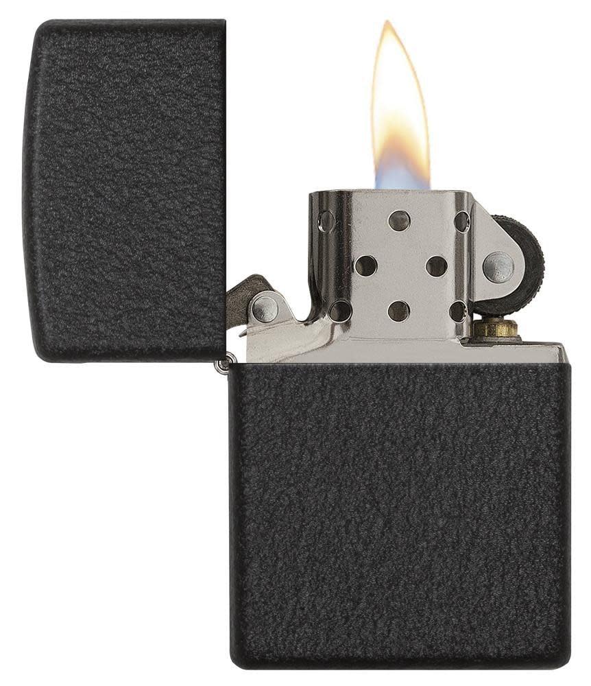 Front view of the Black Crackle?? Lighter open and lit