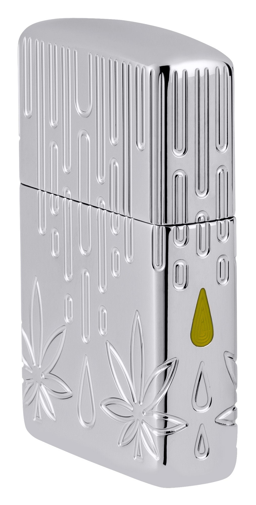 Angled shot of Zippo Waxy Leaf Design Armor?? High Polish Chrome Windproof Lighter showing the front and right side of the lighter.