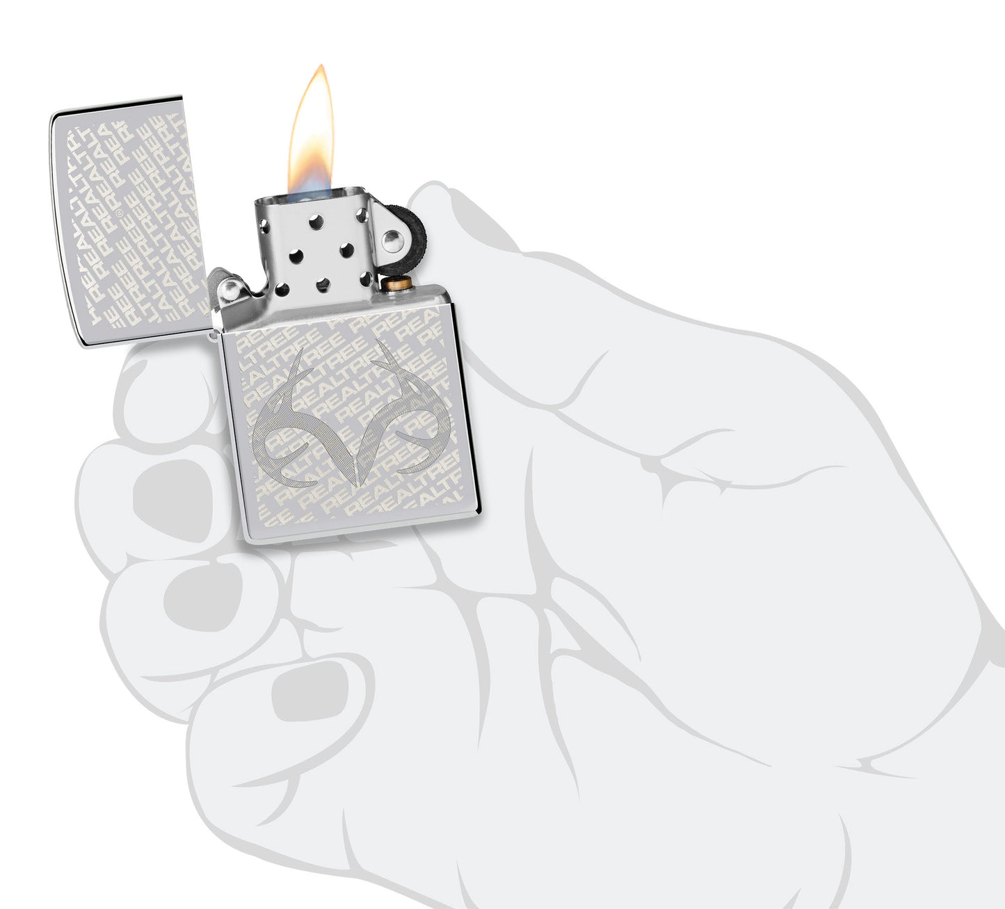 Zippo RealTree High Polish Chrome Windproof Lighter lit in hand.