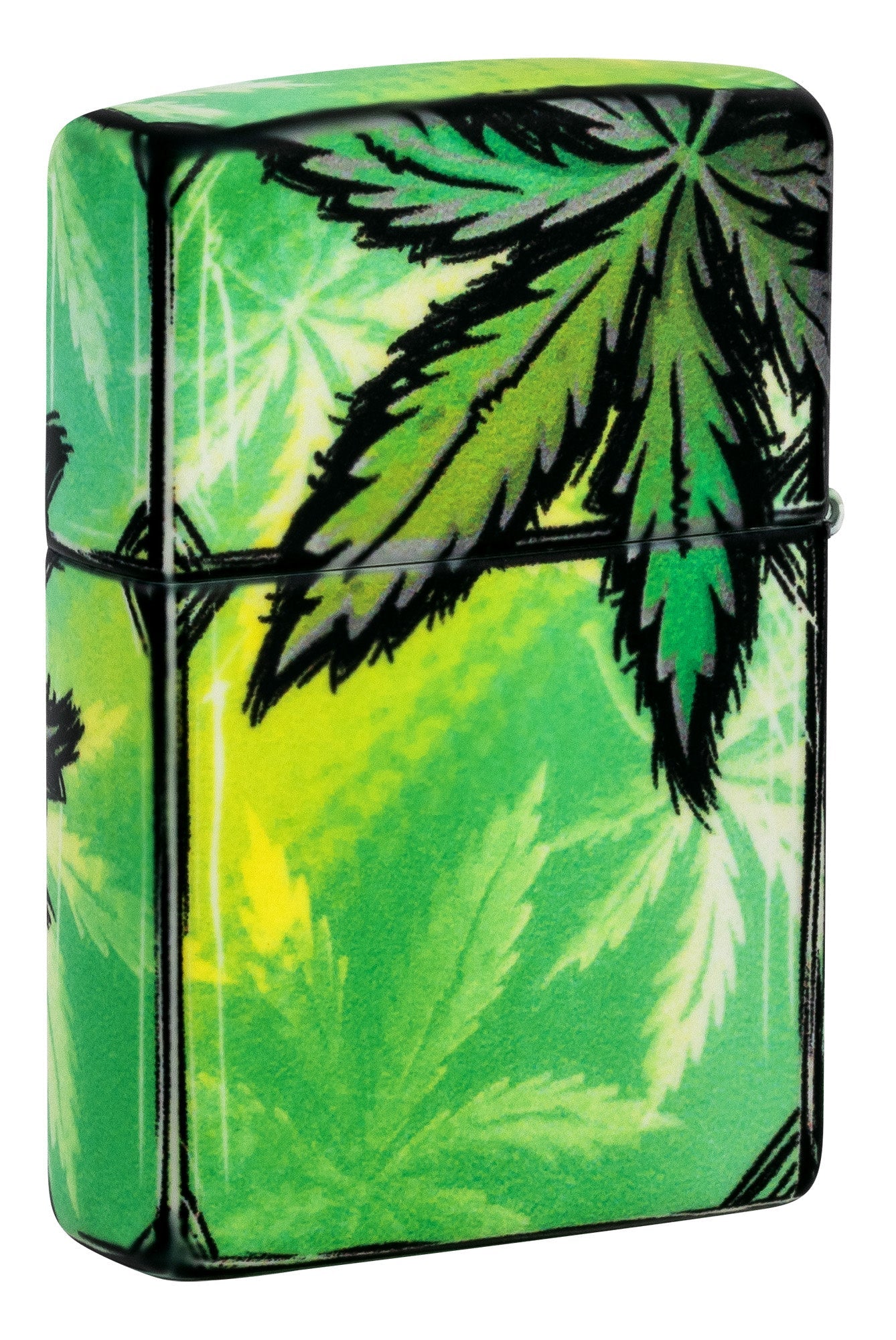 Back shot of Zippo Glowing Leaves Design 540 Color Glow in the Dark Windproof Lighter standing at a 3/4 angle.