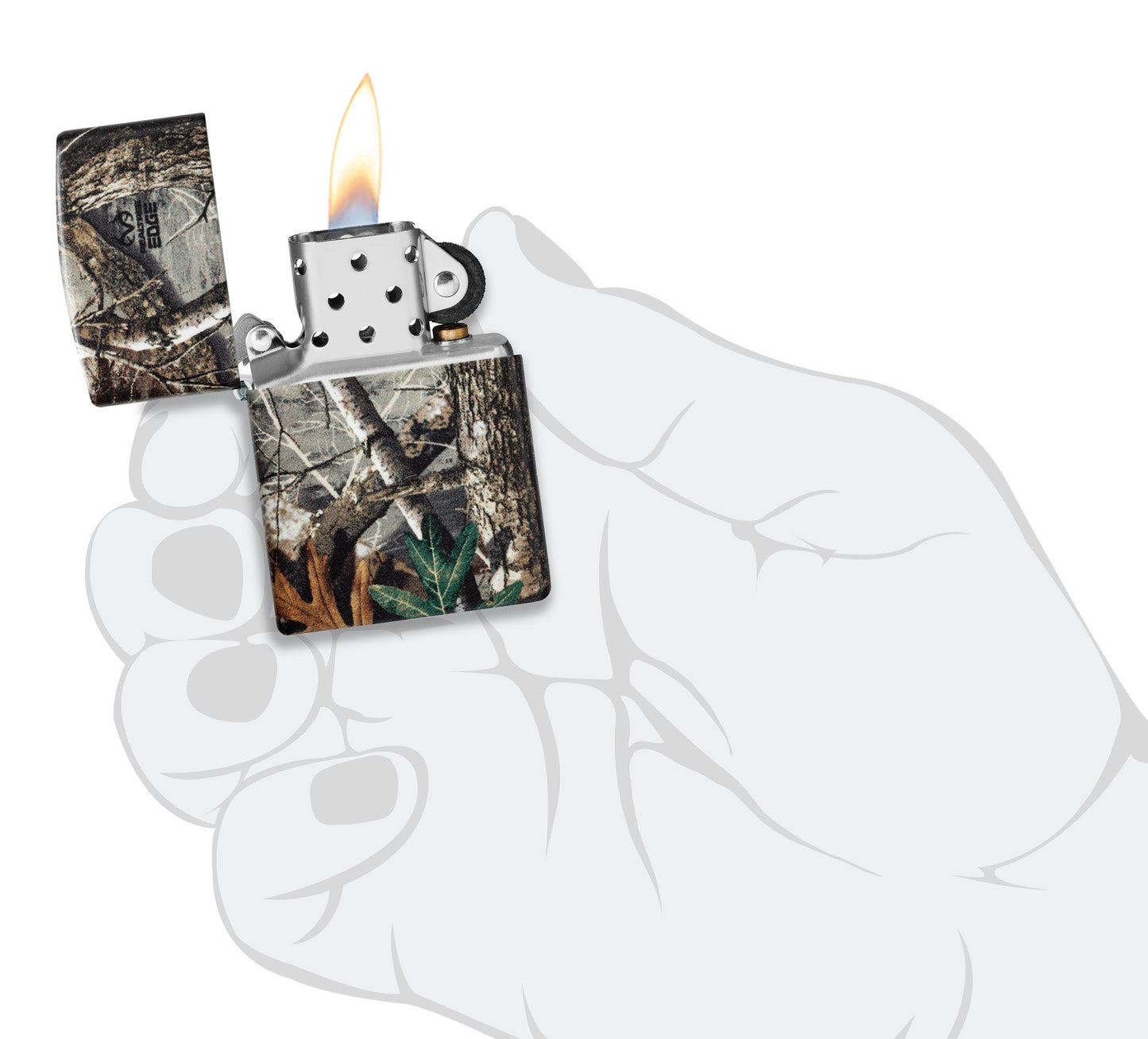 Zippo Realtree?? EDGEÆ?⺠Camo Design 540 Matte Windproof Lighter lit in hand.