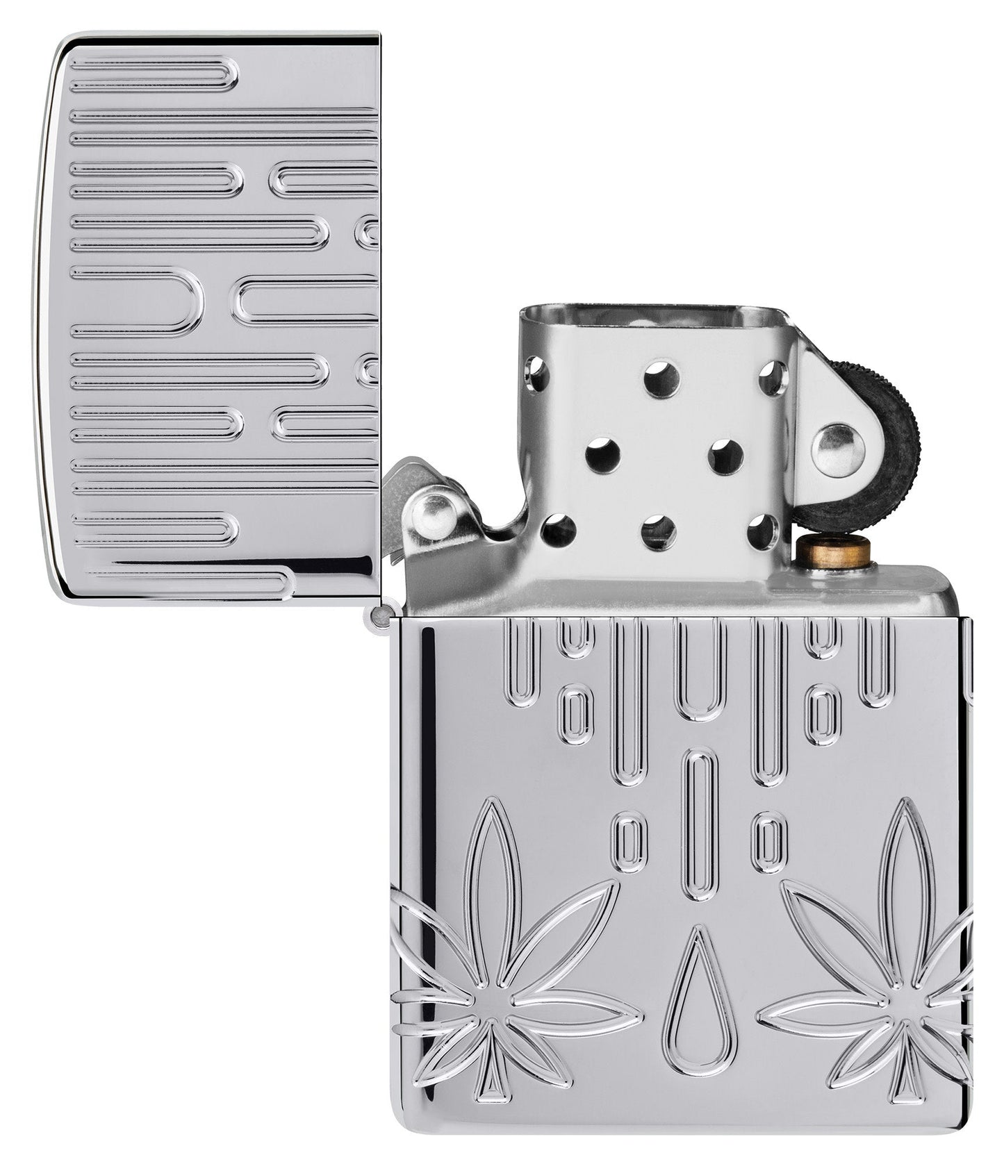 Zippo Waxy Leaf Design Armor?? High Polish Chrome Windproof Lighter with its lid open and unlit.