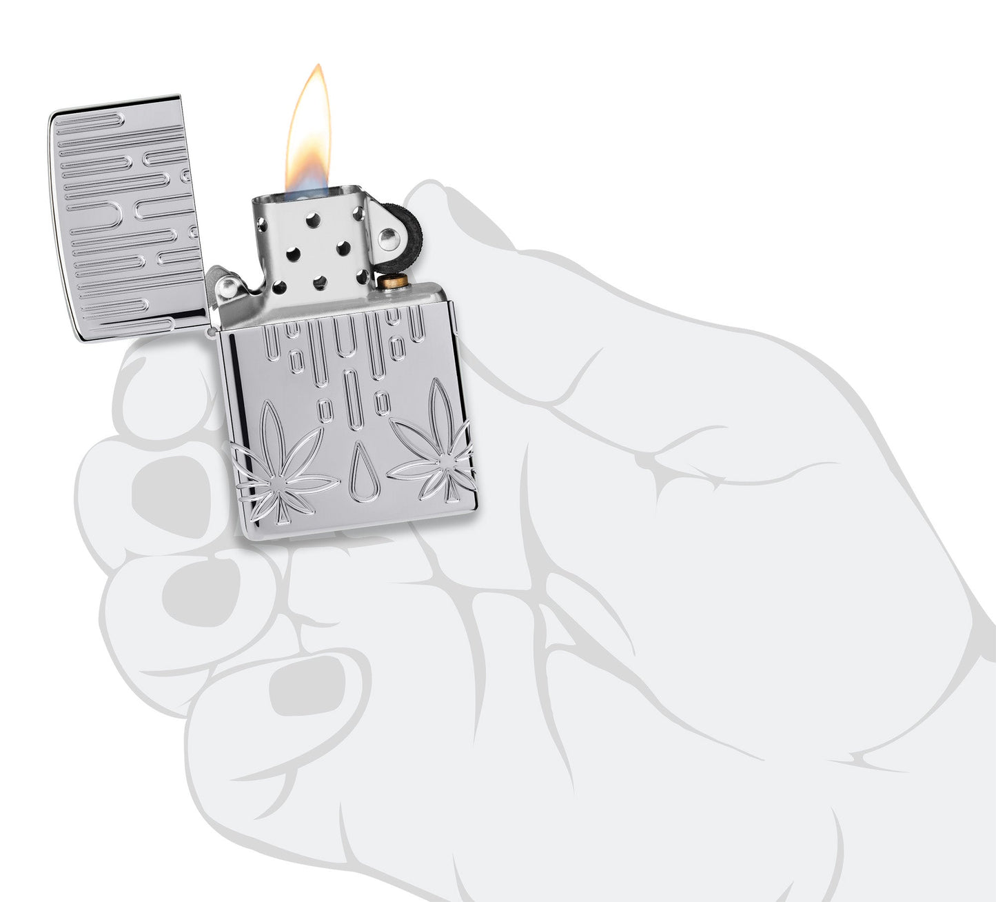Zippo Waxy Leaf Design Armor?? High Polish Chrome Windproof Lighter lit in hand.