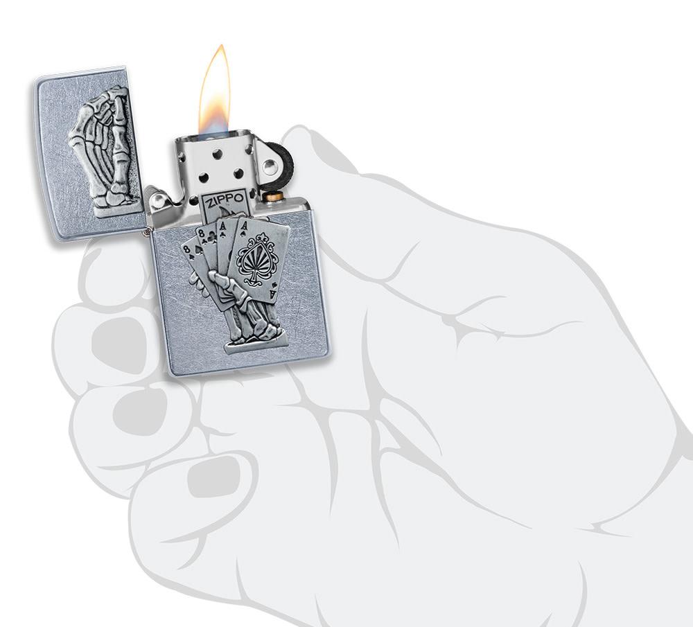 Dead Mans Hand Surprise Emblem Design Street ChromeÆ?⺠Windproof Lighter lit in hand