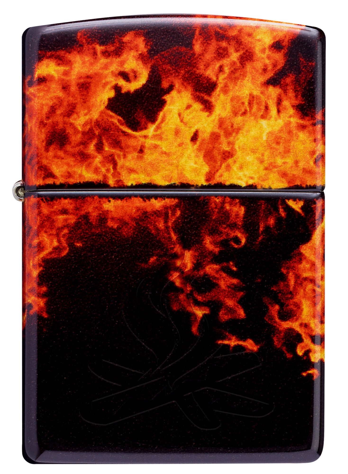 Front view of Zippo Fusion Inferno Design 540 Tumbled Brass Windproof Lighter.