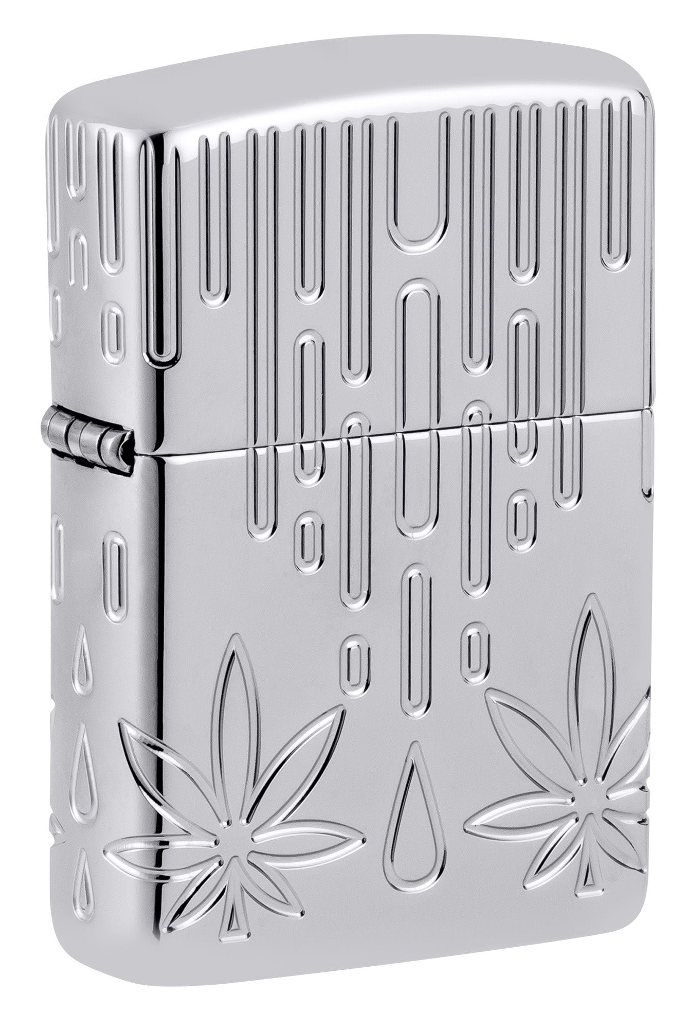 Front shot of Zippo Waxy Leaf Design Armor?? High Polish Chrome Windproof Lighter standing at a 3/4 angle.