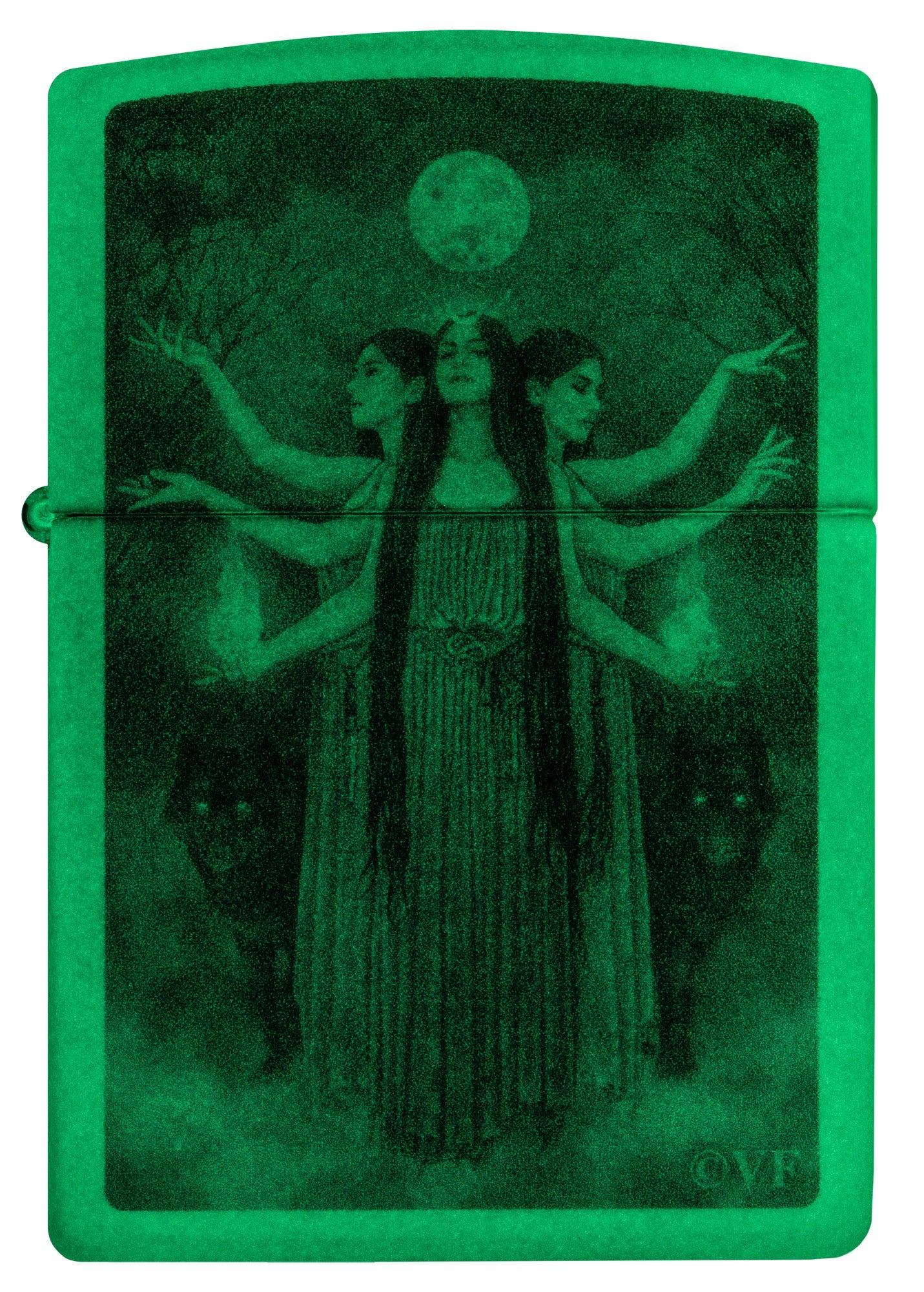 Front view of Zippo Victoria Frances Glow in the Dark Green Matte Windproof Lighter glowing in the dark.