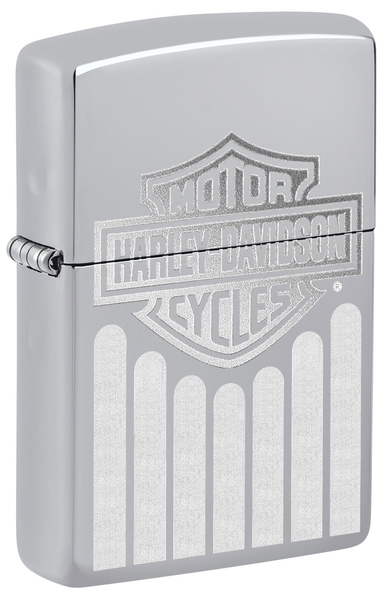 Front view of Zippo Harley-Davidson?? High Polish Chrome Windproof Lighter standing at a 3/4 angle.