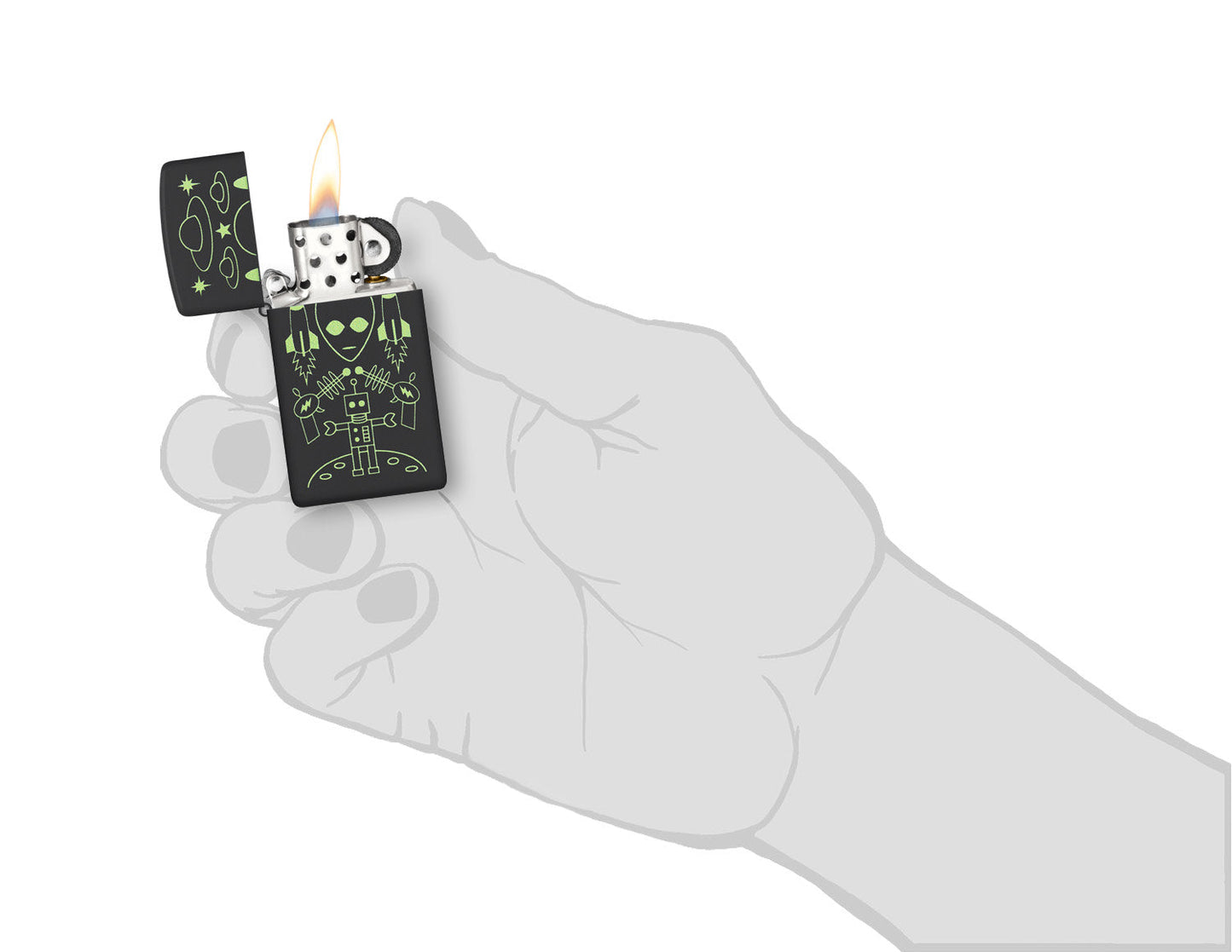 Zippo Alien Invasion Design Slim?? Black Matte Windproof Lighter lit in hand.