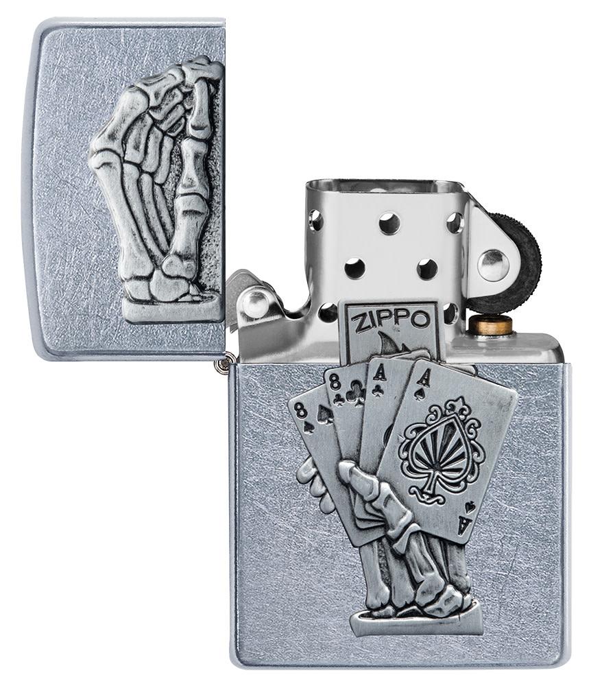 Dead Mans Hand Surprise Emblem Design Street ChromeÆ?⺠Windproof Lighter with its lid open and unlit