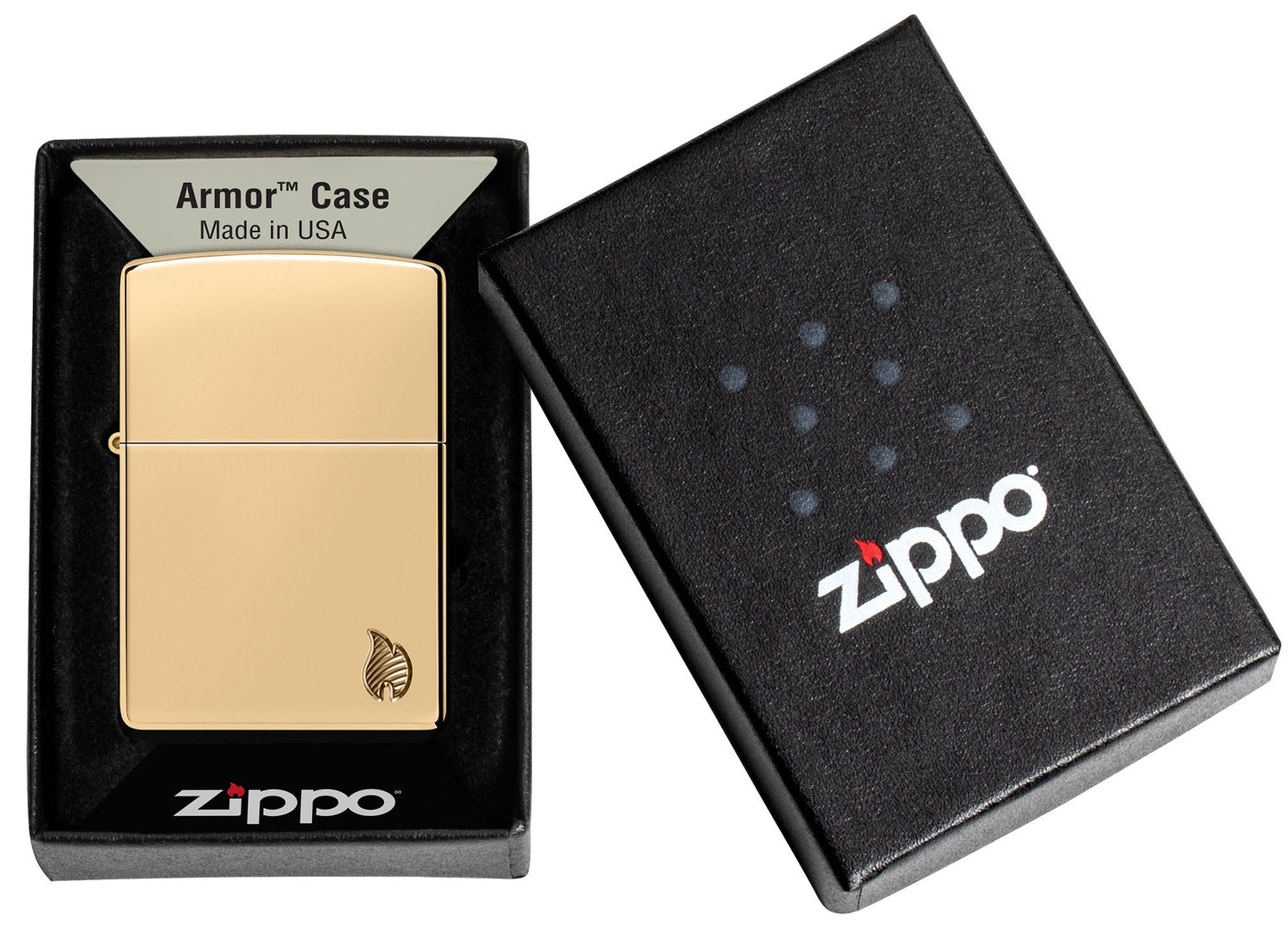 Zippo Armor?? Series Flame High Polish Brass Windproof Lighter in its packaging.