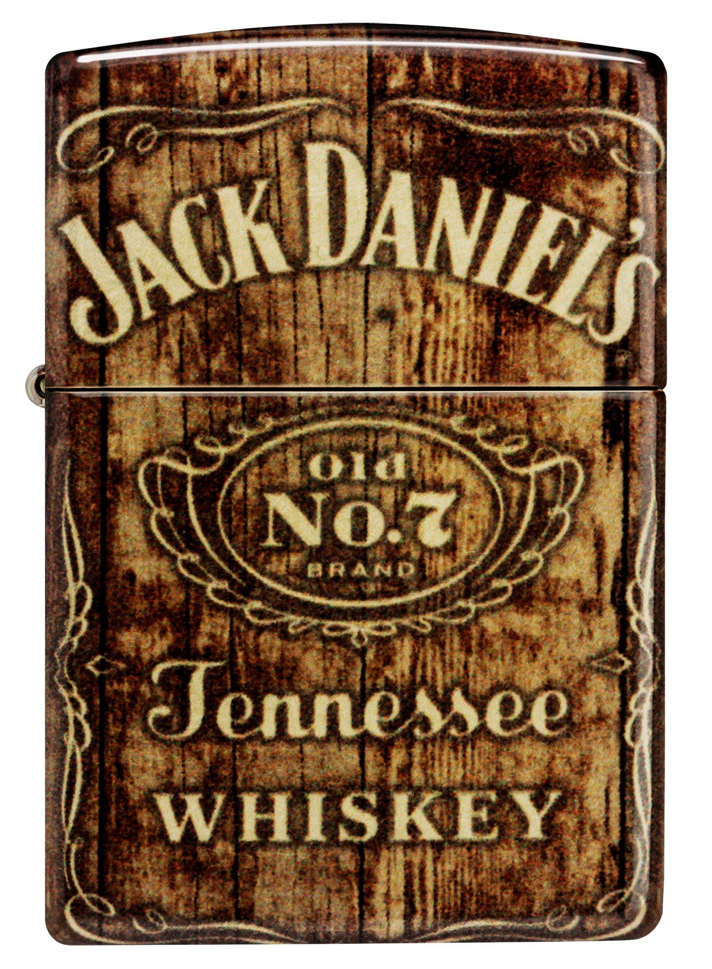 Front view of Zippo Jack Daniel's?? Barrel Design 540 Tumbled Brass Windproof Lighter.