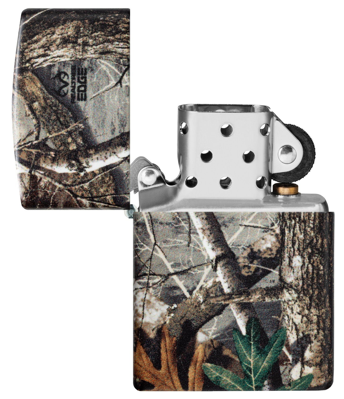 Zippo Realtree?? EDGEÆ?⺠Camo Design 540 Matte Windproof Lighter with its lid open and unlit.