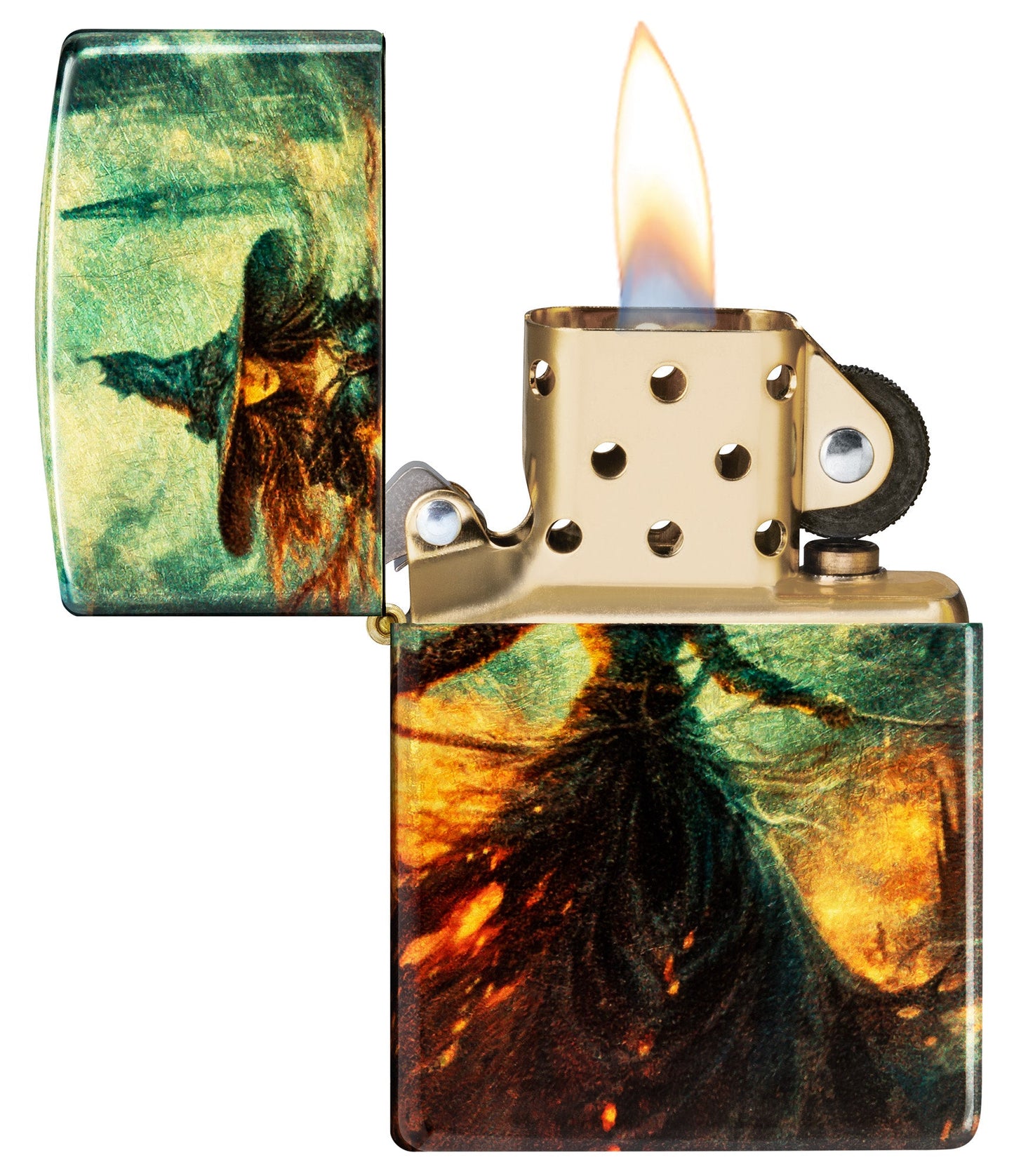 Zippo Fire Mage Design 540 Tumbled Brass Windproof Lighter with its lid open and lit.