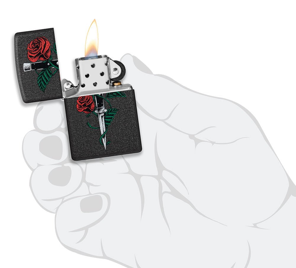 Rose Dagger Tattoo Design Black Crackle?? Windproof Lighter lit in hand.
