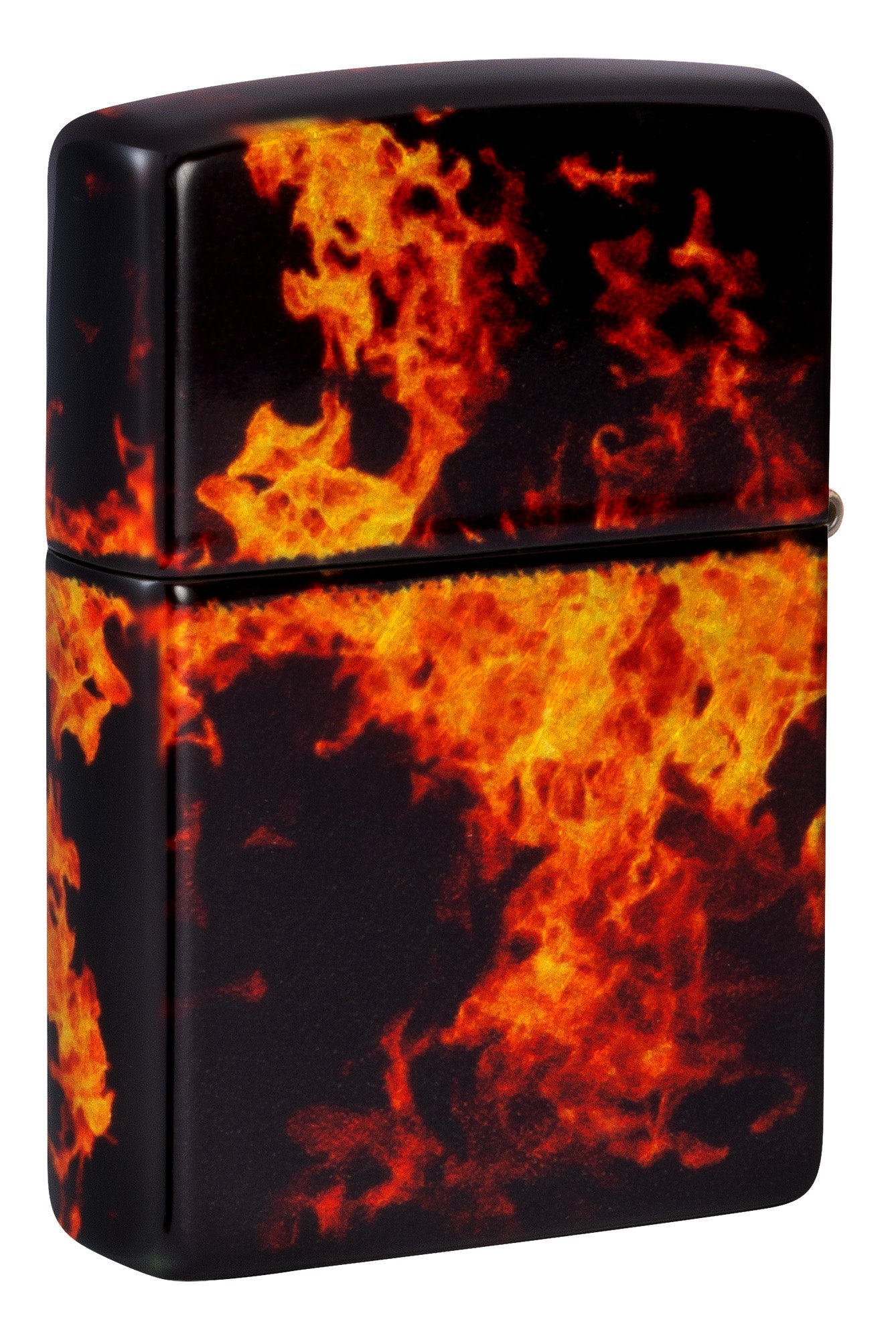 Back shot of Zippo Fusion Inferno Design 540 Tumbled Brass Windproof Lighter standing at a 3/4 angle.