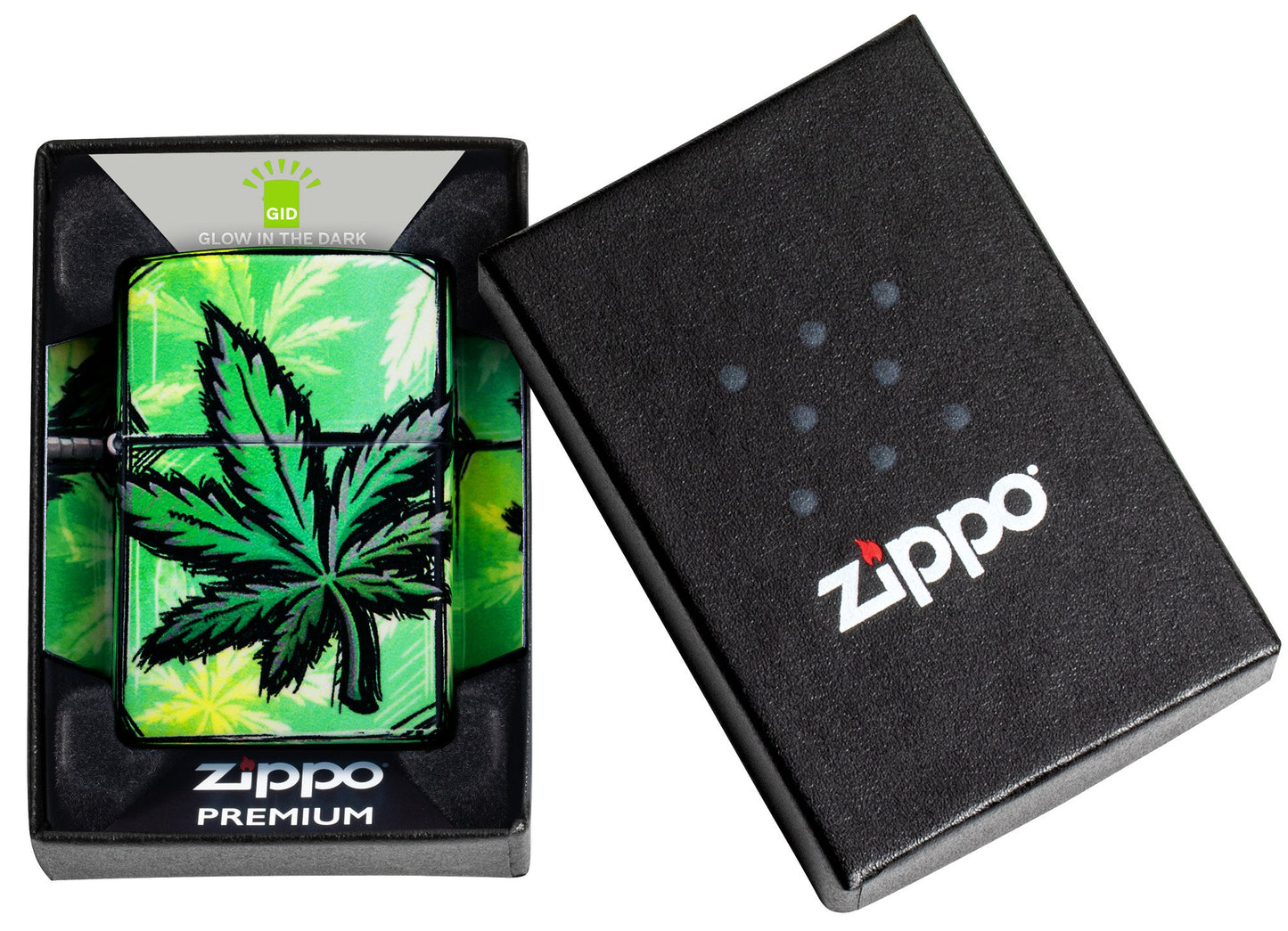 Zippo Glowing Leaves Design 540 Color Glow in the Dark Windproof Lighter in its packaging.