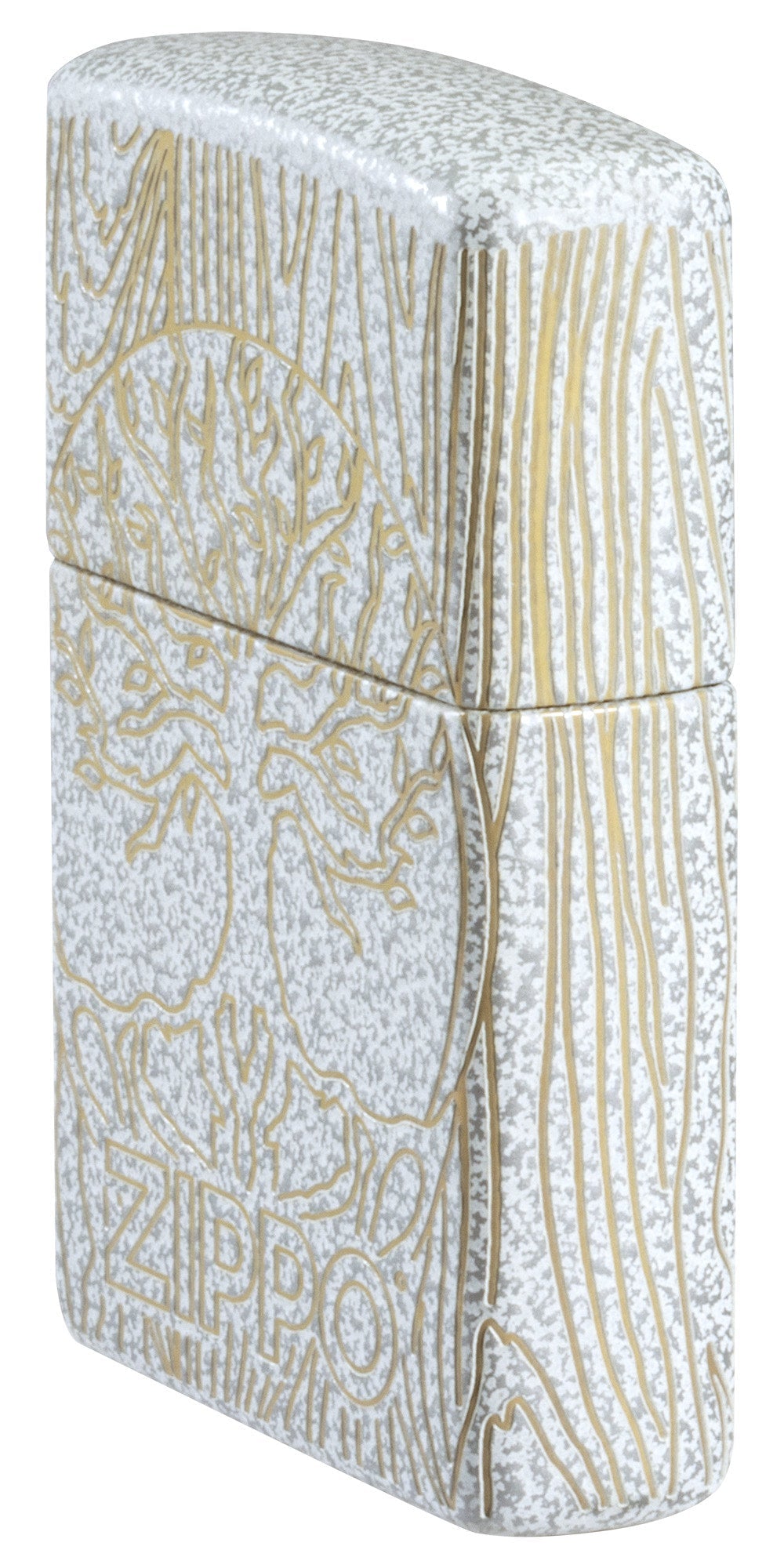 Angled shot of Zippo Tree of Life Woodgrain Design Glacier Windproof Lighter showing the front and right sides of the lighter.