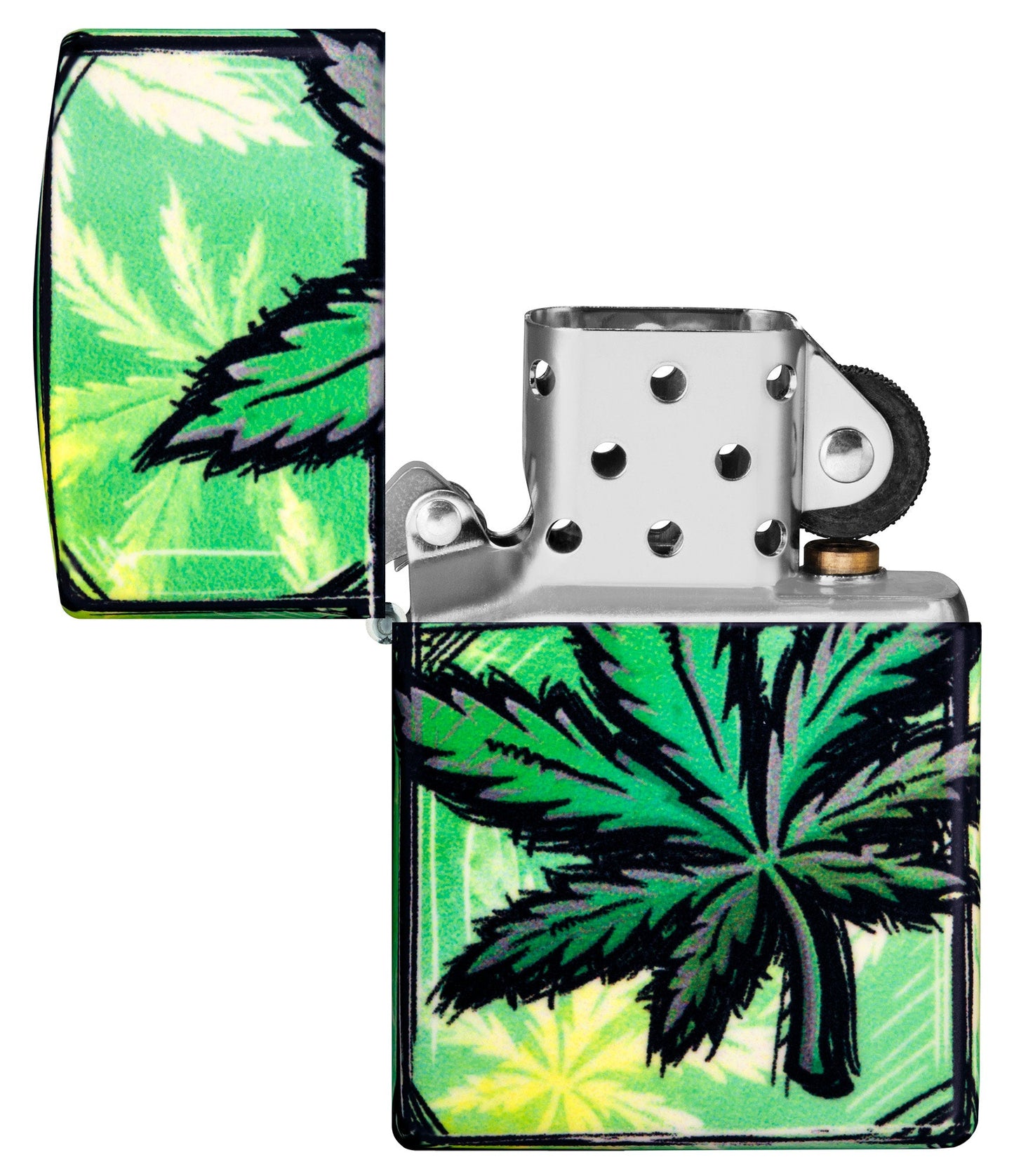 Zippo Glowing Leaves Design 540 Color Glow in the Dark Windproof Lighter with its lid open and unlit.