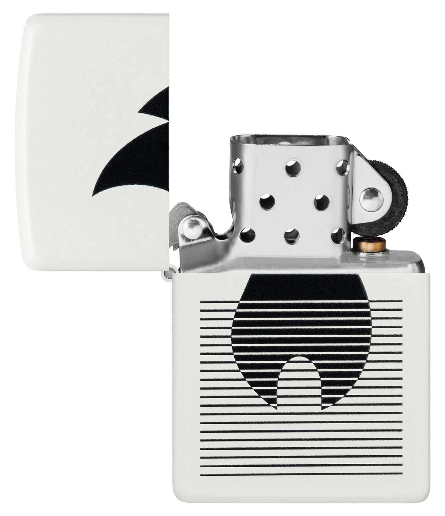 Zippo Flame Gradient Design White Matte Windproof Lighter with its lid open and unlit.