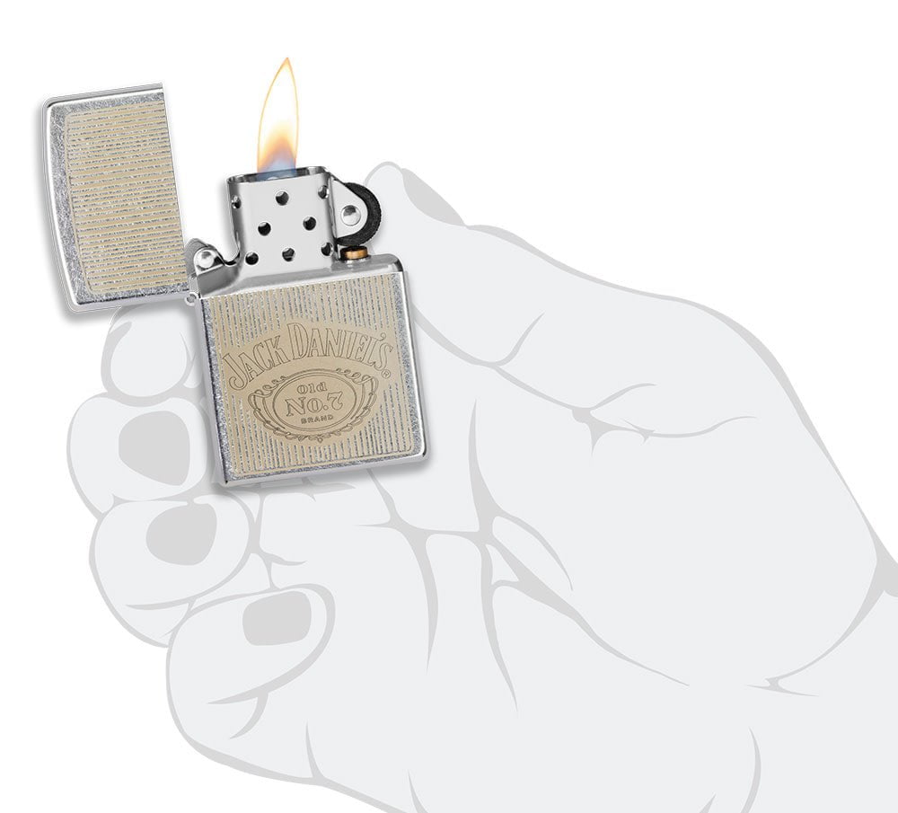 Jack Daniel's?? Logo Street ChromeÆ?⺠Windproof Lighter lit in hand.