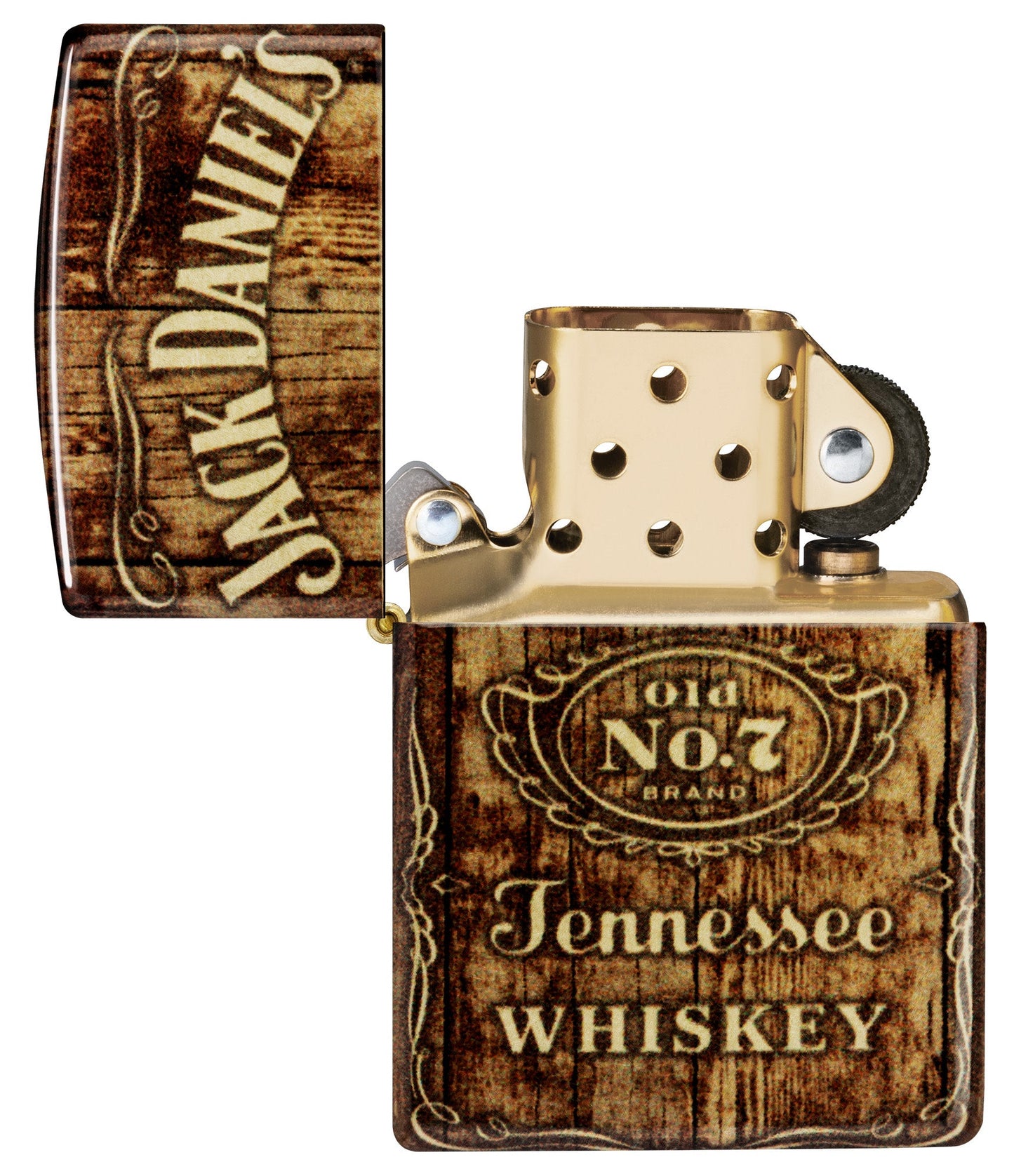 Zippo Jack Daniel's?? Barrel Design 540 Tumbled Brass Windproof Lighter with its lid open and unlit.