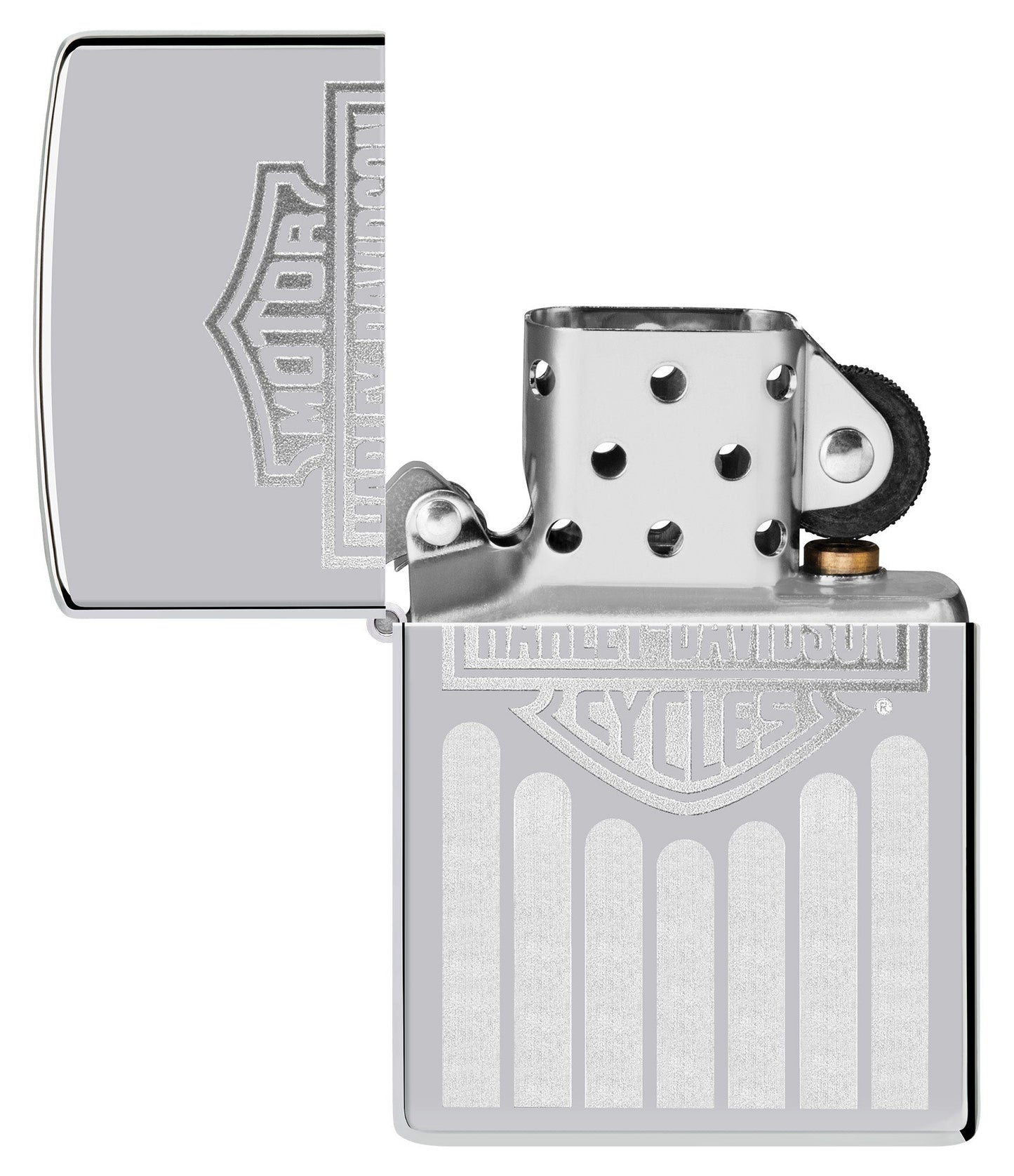 Zippo Harley-Davidson?? High Polish Chrome Windproof Lighter with its lid open and unlit.
