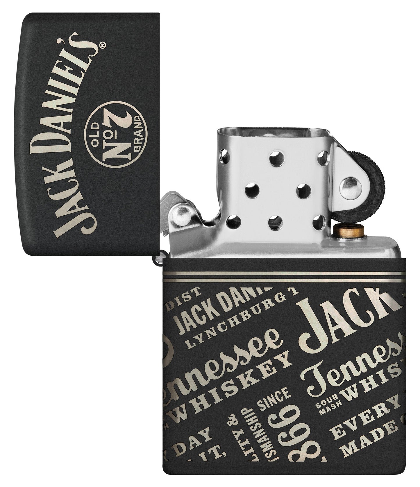 Zippo Jack Daniel's?? Every Drop Design Regular Media Chrome Black Matte Windproof Lighter with its lid open and unlit.