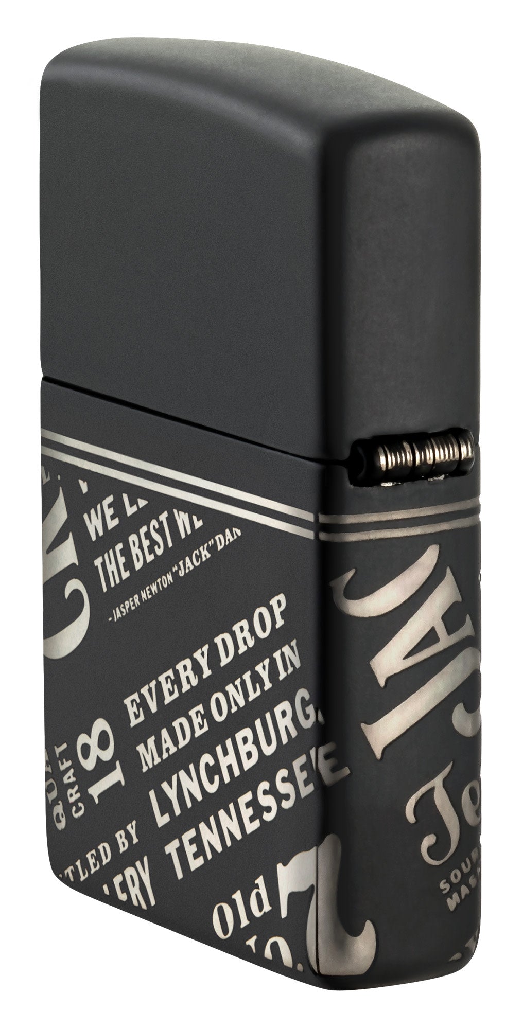 Angled shot of Zippo Jack Daniel's?? Every Drop Design Regular Media Chrome Black Matte Windproof Lighter showing the back and hinge side of the lighter.