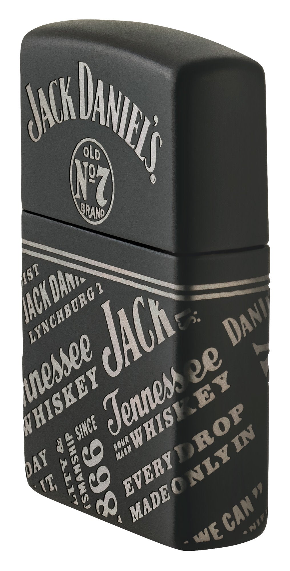 Angled shot of Zippo Jack Daniel's?? Every Drop Design Regular Media Chrome Black Matte Windproof Lighter showing the front and right side of the lighter.