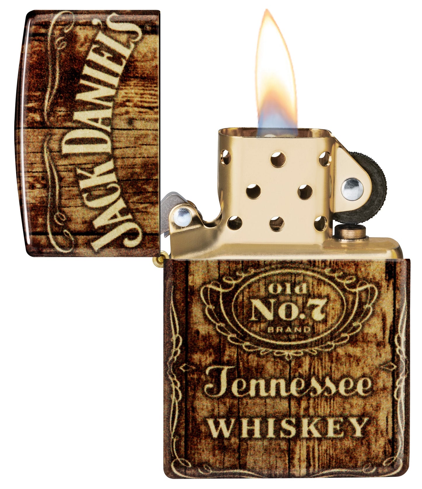 Zippo Jack Daniel's?? Barrel Design 540 Tumbled Brass Windproof Lighter with its lid open and lit.