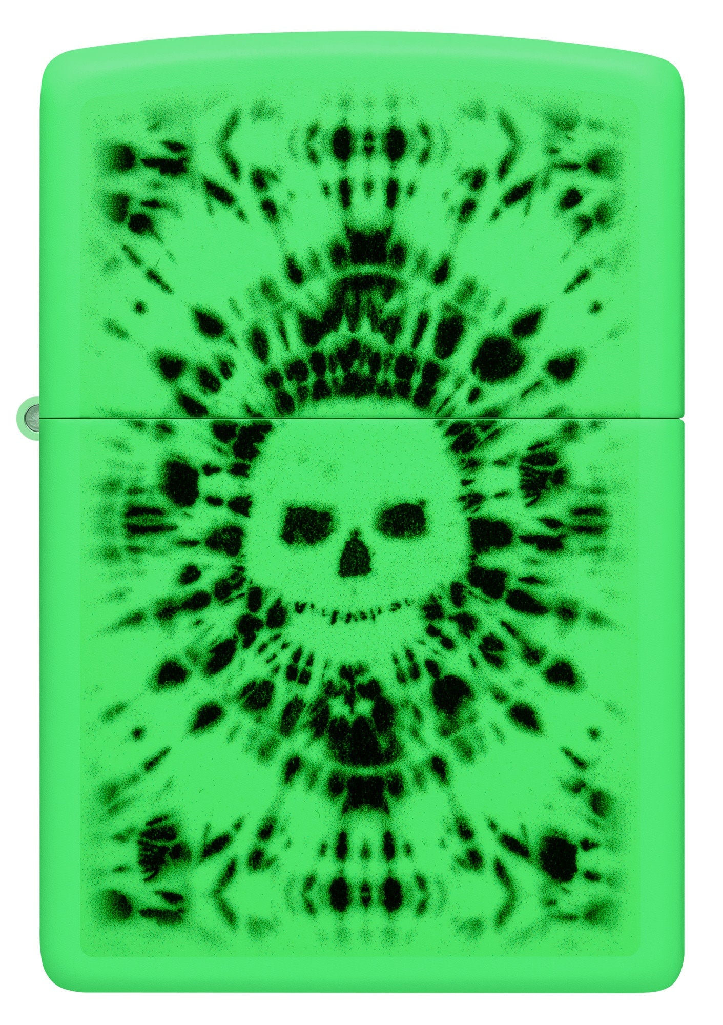 Front view of Zippo Glowing Skull Design Glow in the Dark Windproof Lighter glowing in the dark.