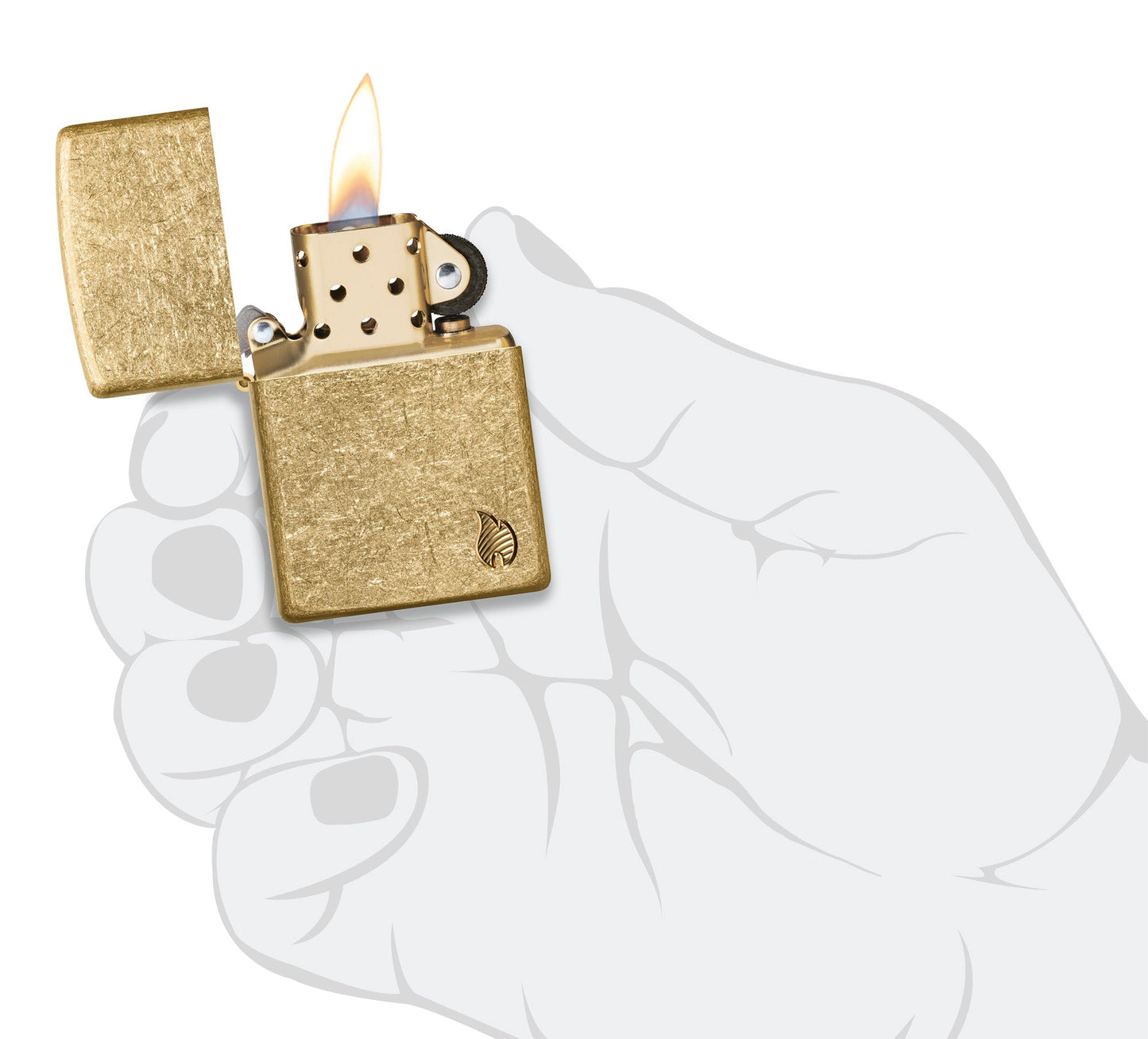 Zippo Armor?? Series Flame Tumbled Brass Windproof Lighter lit in hand.