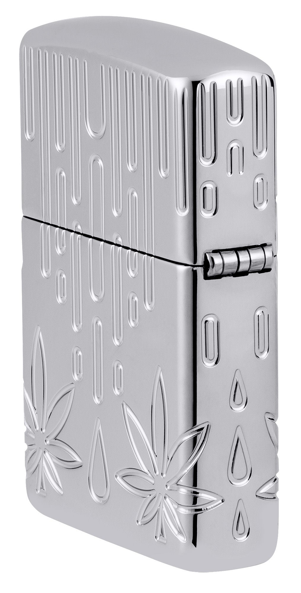 Angled shot of Zippo Waxy Leaf Design Armor?? High Polish Chrome Windproof Lighter showing the back and hinge side of the lighter.