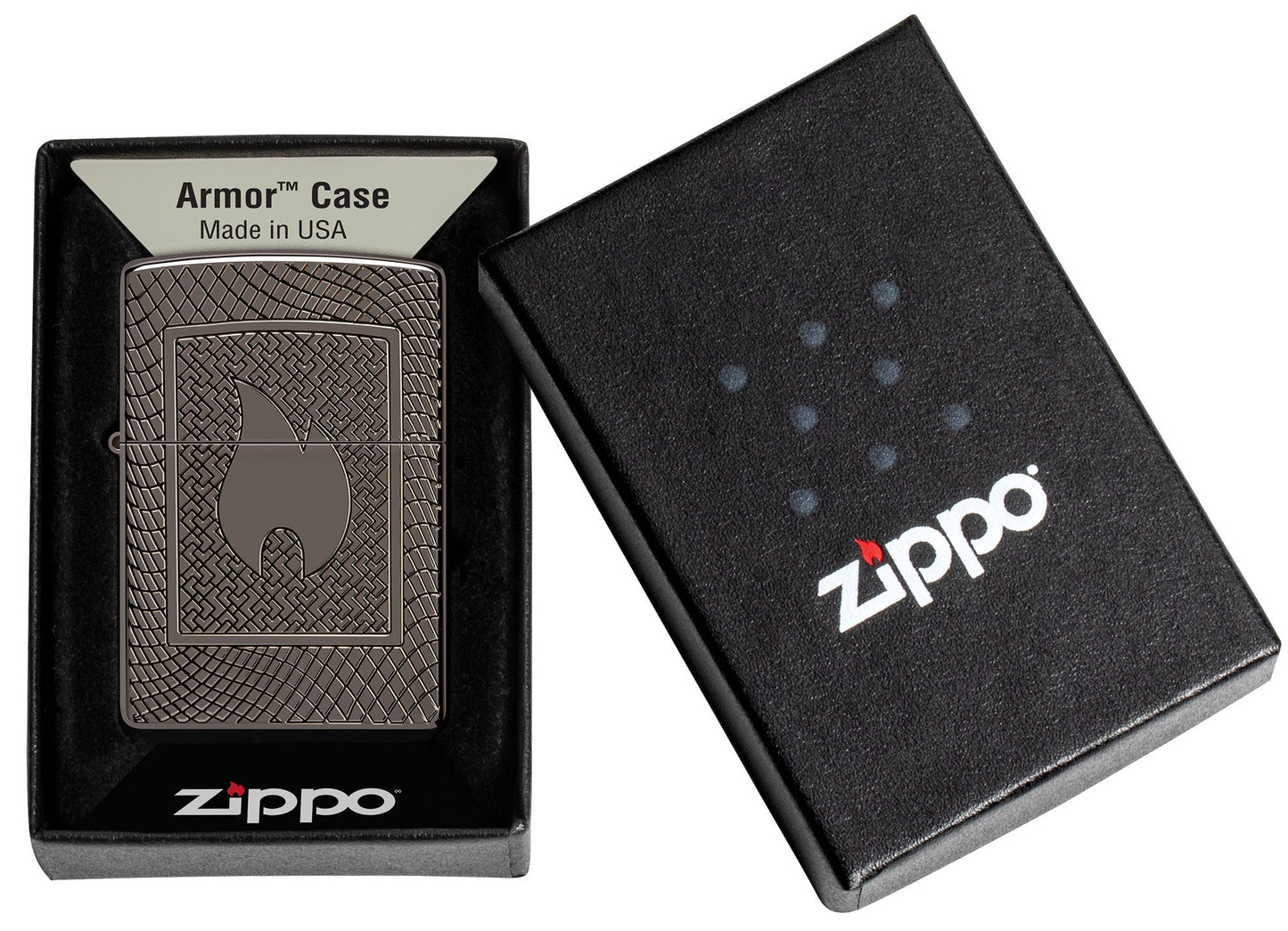 Zippo Flame Pattern Design Armor Black Ice Windproof Lighter in its packaging.
