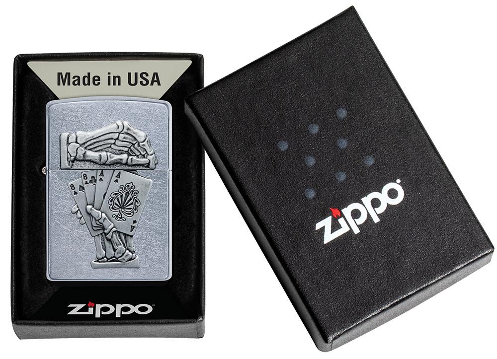 Dead Mans Hand Surprise Emblem Design Street ChromeÆ?⺠Windproof Lighter in its packaging