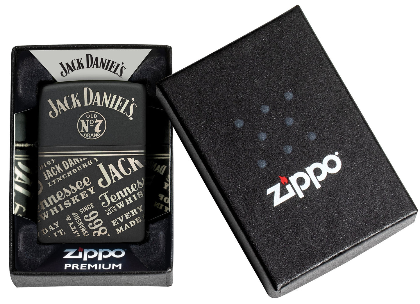 Zippo Jack Daniel's?? Every Drop Design Regular Media Chrome Black Matte Windproof Lighter in its packaging.