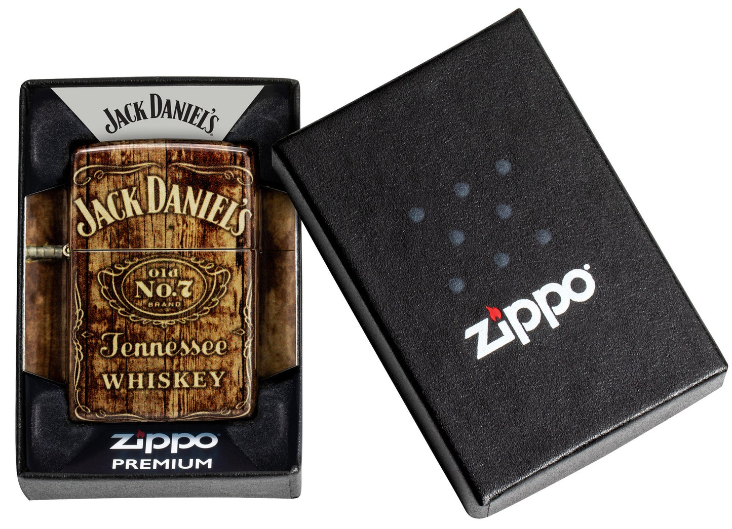 Zippo Jack Daniel's?? Barrel Design 540 Tumbled Brass Windproof Lighter in its packaging.